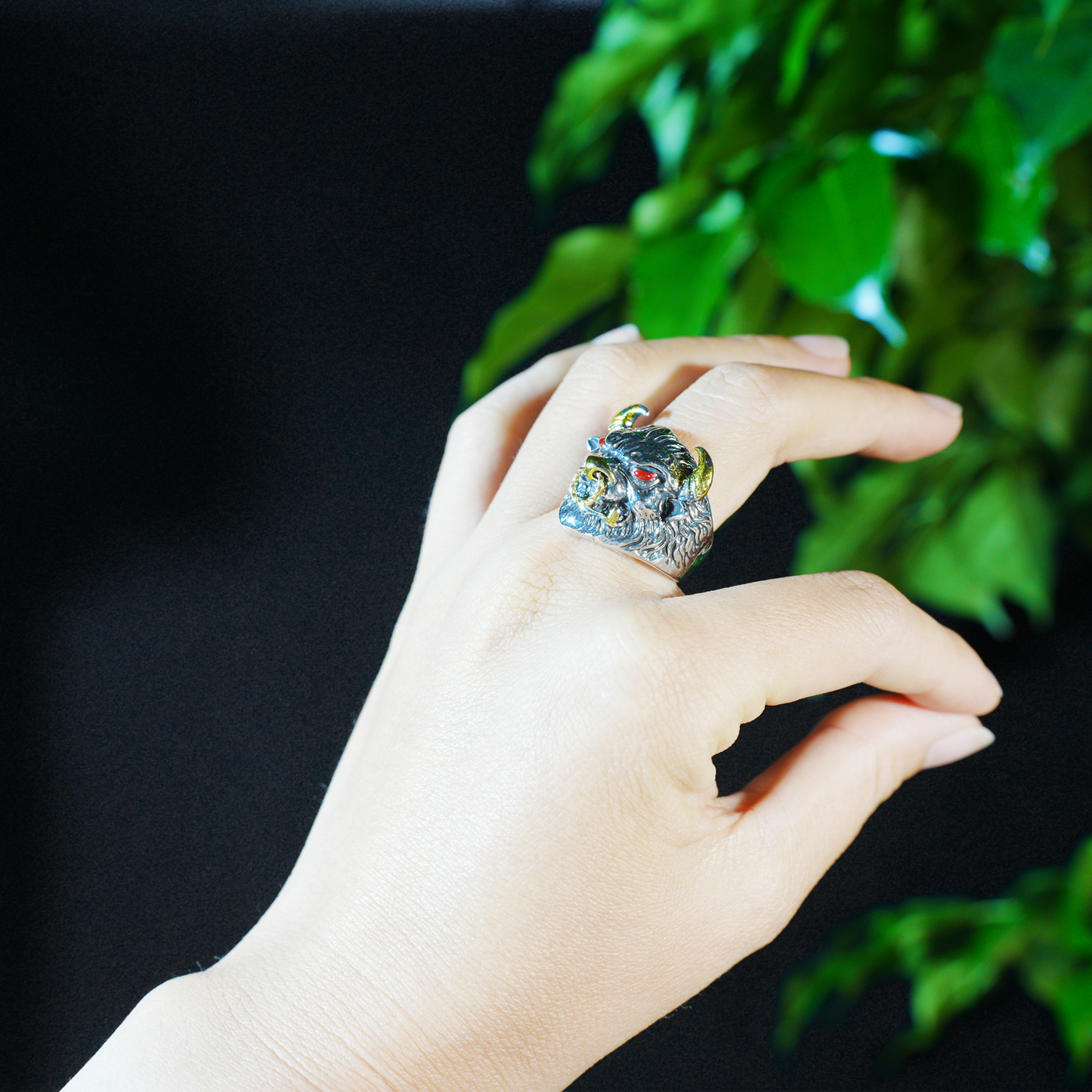 Furious Bull Totem Ring | Black-Silver Design with Red Eyes & Golden Horns | Gothic Protective Jewelry | Bold Statement Accessory