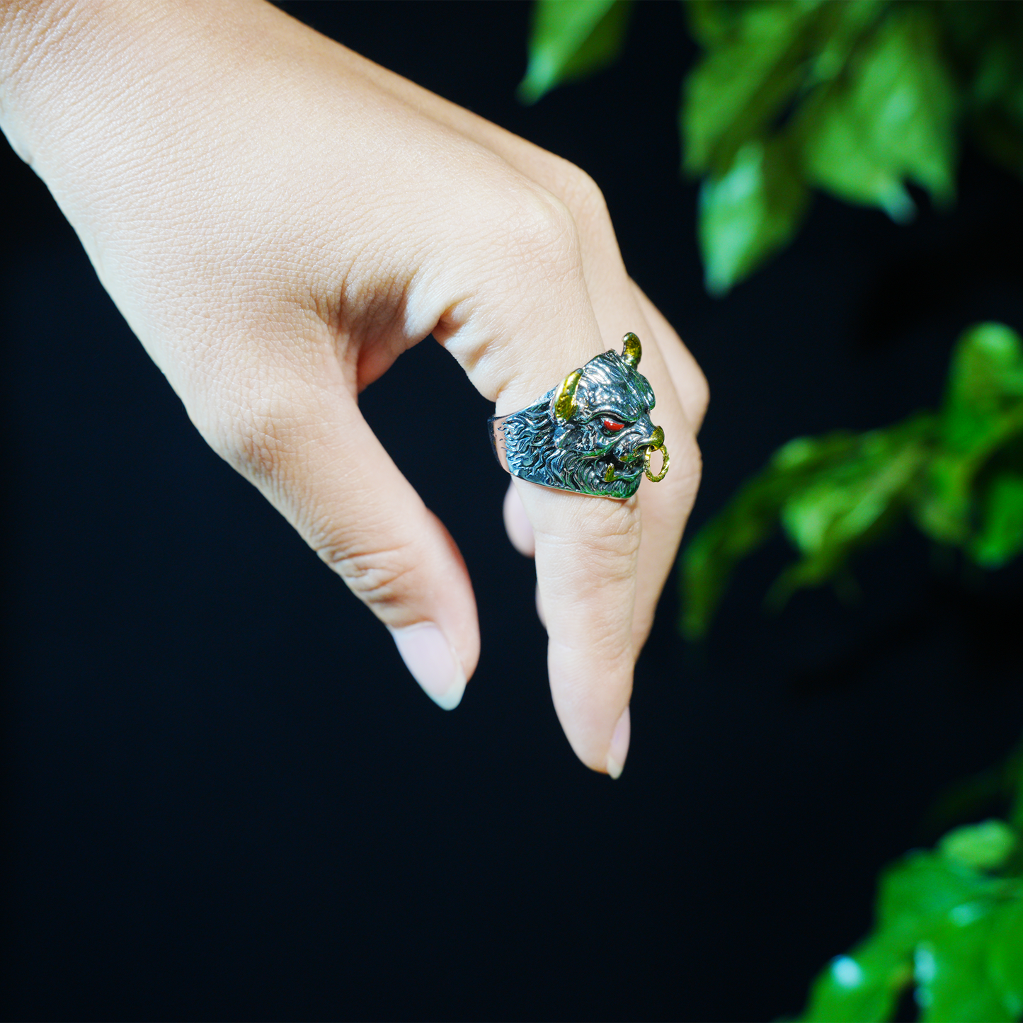 Furious Bull Totem Ring | Black-Silver Design with Red Eyes & Golden Horns | Gothic Protective Jewelry | Bold Statement Accessory