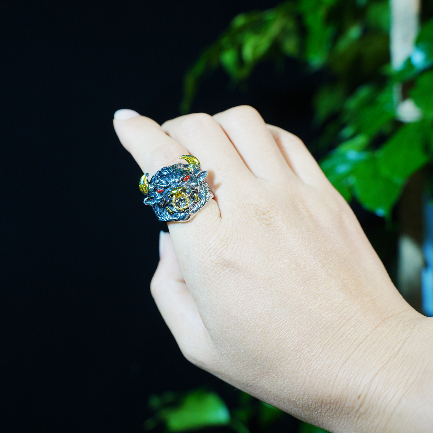 Furious Bull Totem Ring | Black-Silver Design with Red Eyes & Golden Horns | Gothic Protective Jewelry | Bold Statement Accessory