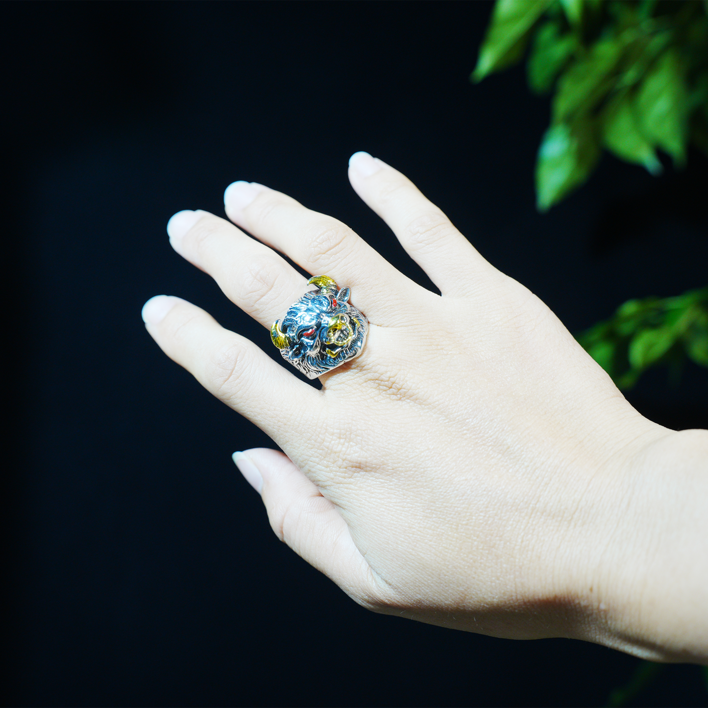 Furious Bull Totem Ring | Black-Silver Design with Red Eyes & Golden Horns | Gothic Protective Jewelry | Bold Statement Accessory