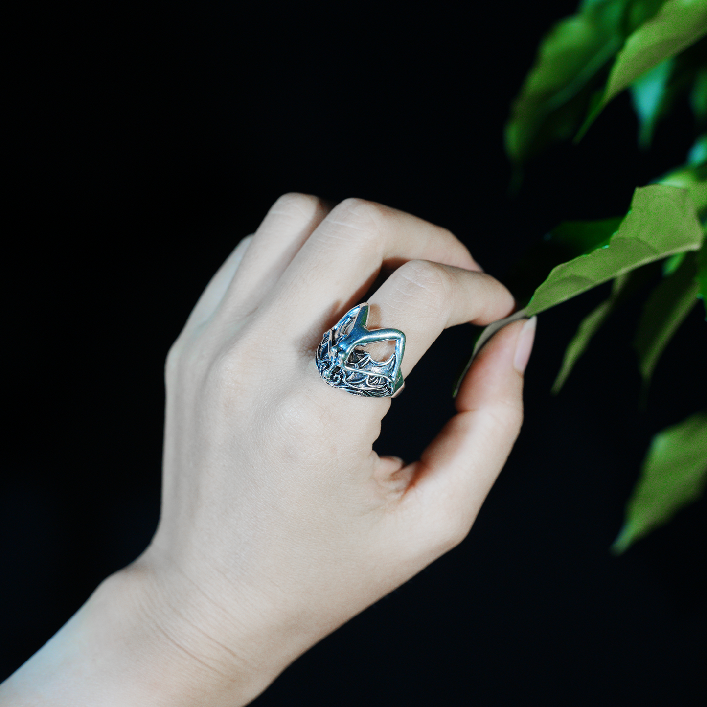 Gothic Bat Wing Goddess Ring,Dark Fantasy Art Jewelry,Spiritual Amulet Design for Gothic Fashion