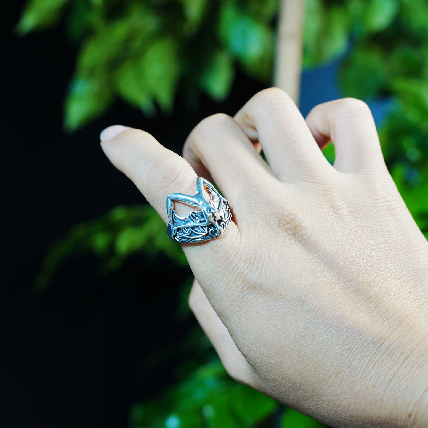 Gothic Bat Wing Goddess Ring,Dark Fantasy Art Jewelry,Spiritual Amulet Design for Gothic Fashion
