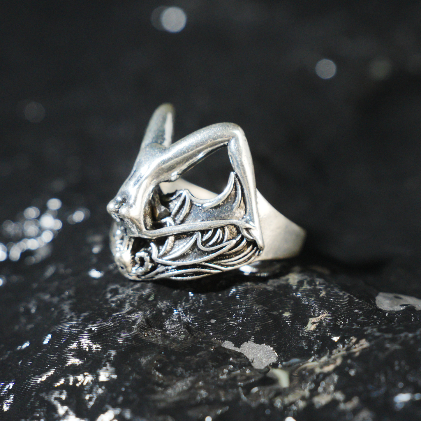 Gothic Bat Wing Goddess Ring,Dark Fantasy Art Jewelry,Spiritual Amulet Design for Gothic Fashion