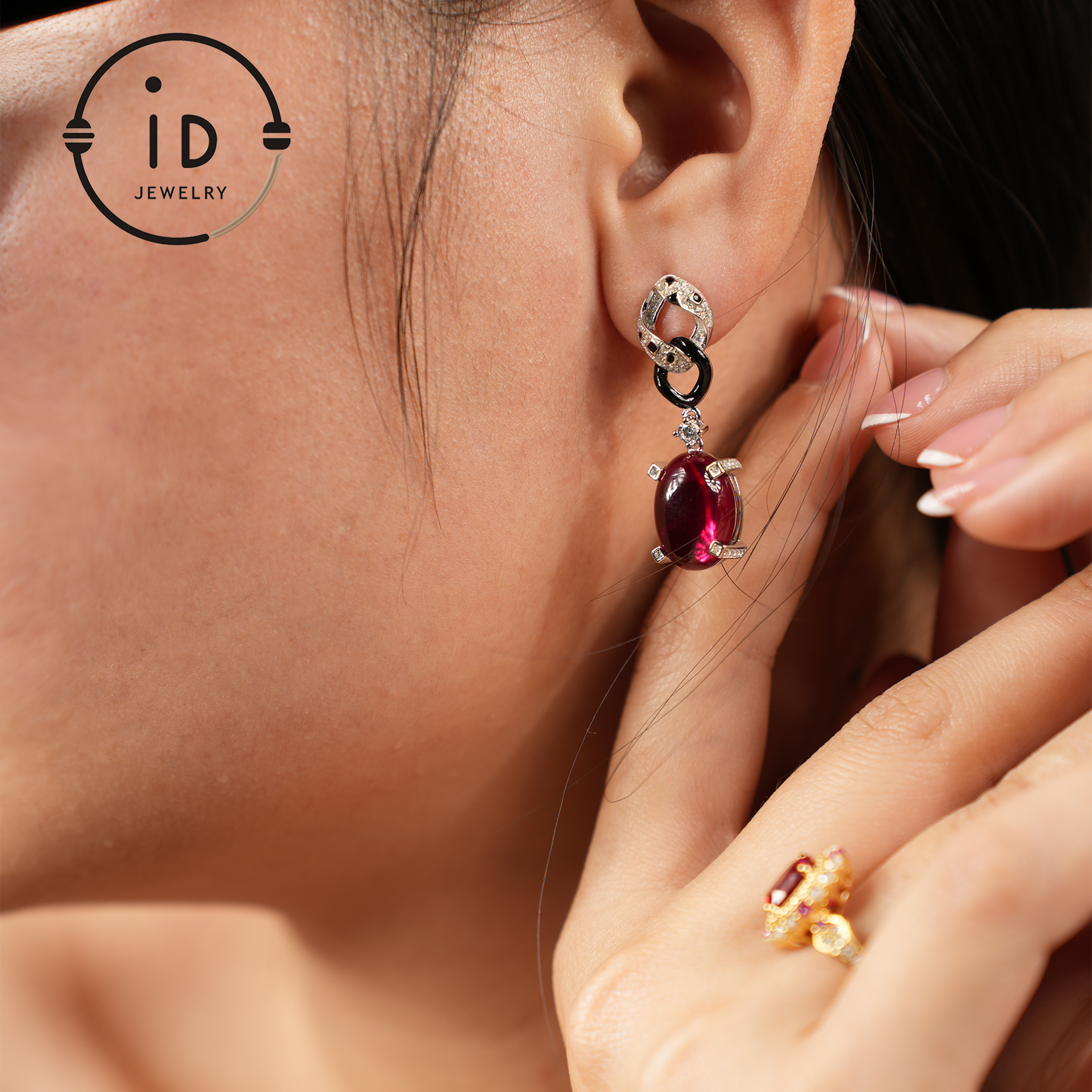 Ruby Chain-Link Earrings, 18K Gold Plating, Modern Design, Perfect for Gifts
