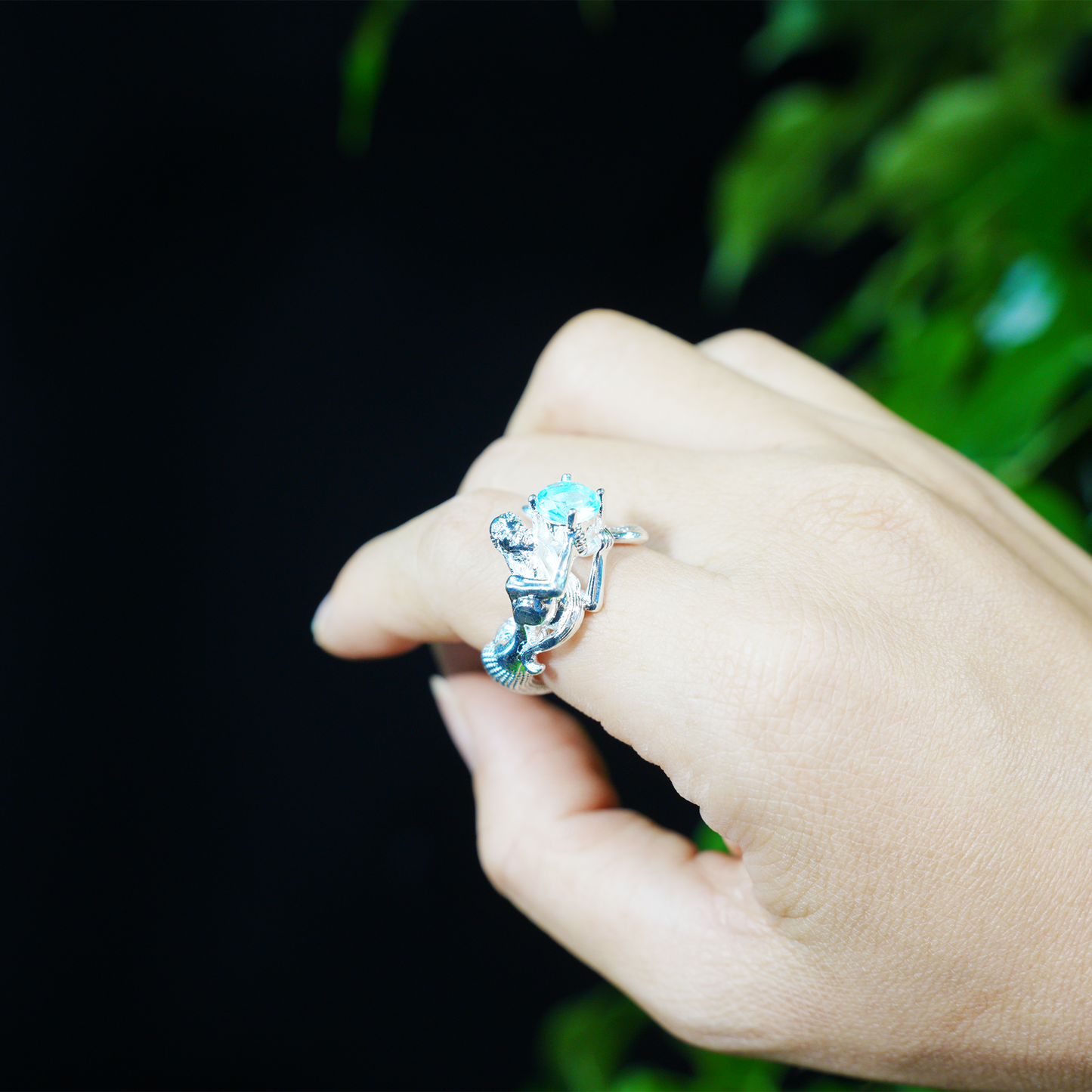 Mermaid Blue Gemstone Ring | Fantasy Ocean Style Handmade Statement Jewelry | Artistic Mermaid Design