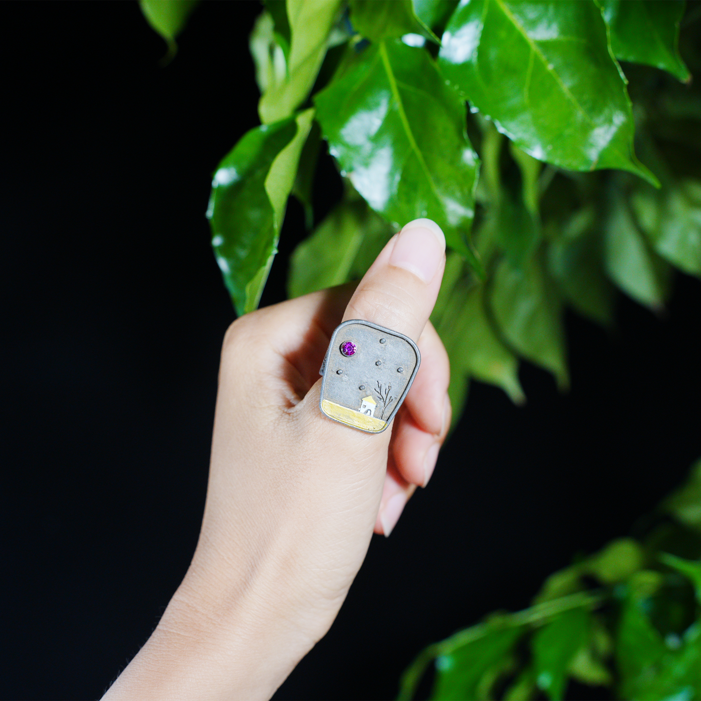 Night Cottage Scene Ring, Hand-Painted Landscape Jewelry, Artistic Statement Ring, Minimalist Healing Design
