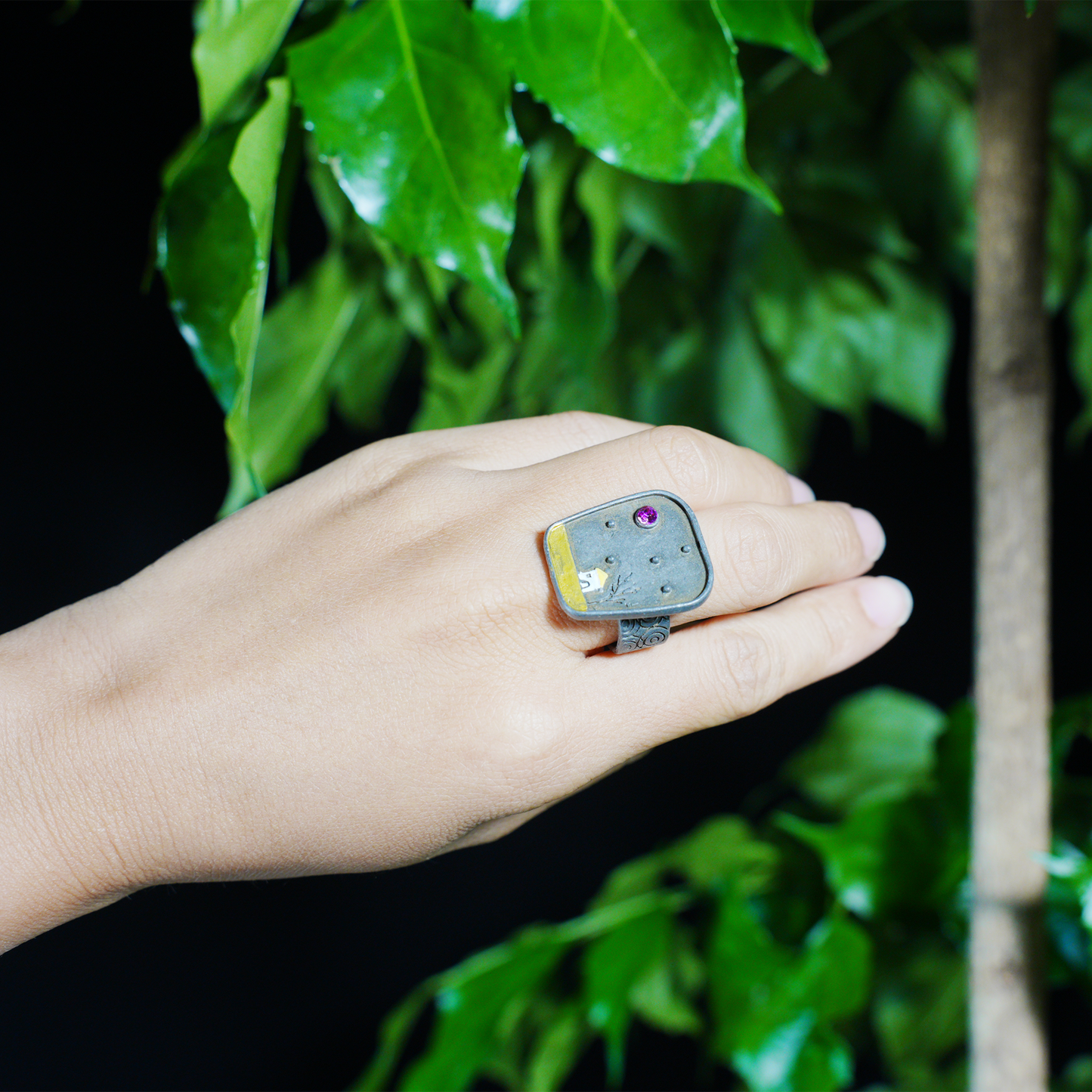 Night Cottage Scene Ring, Hand-Painted Landscape Jewelry, Artistic Statement Ring, Minimalist Healing Design