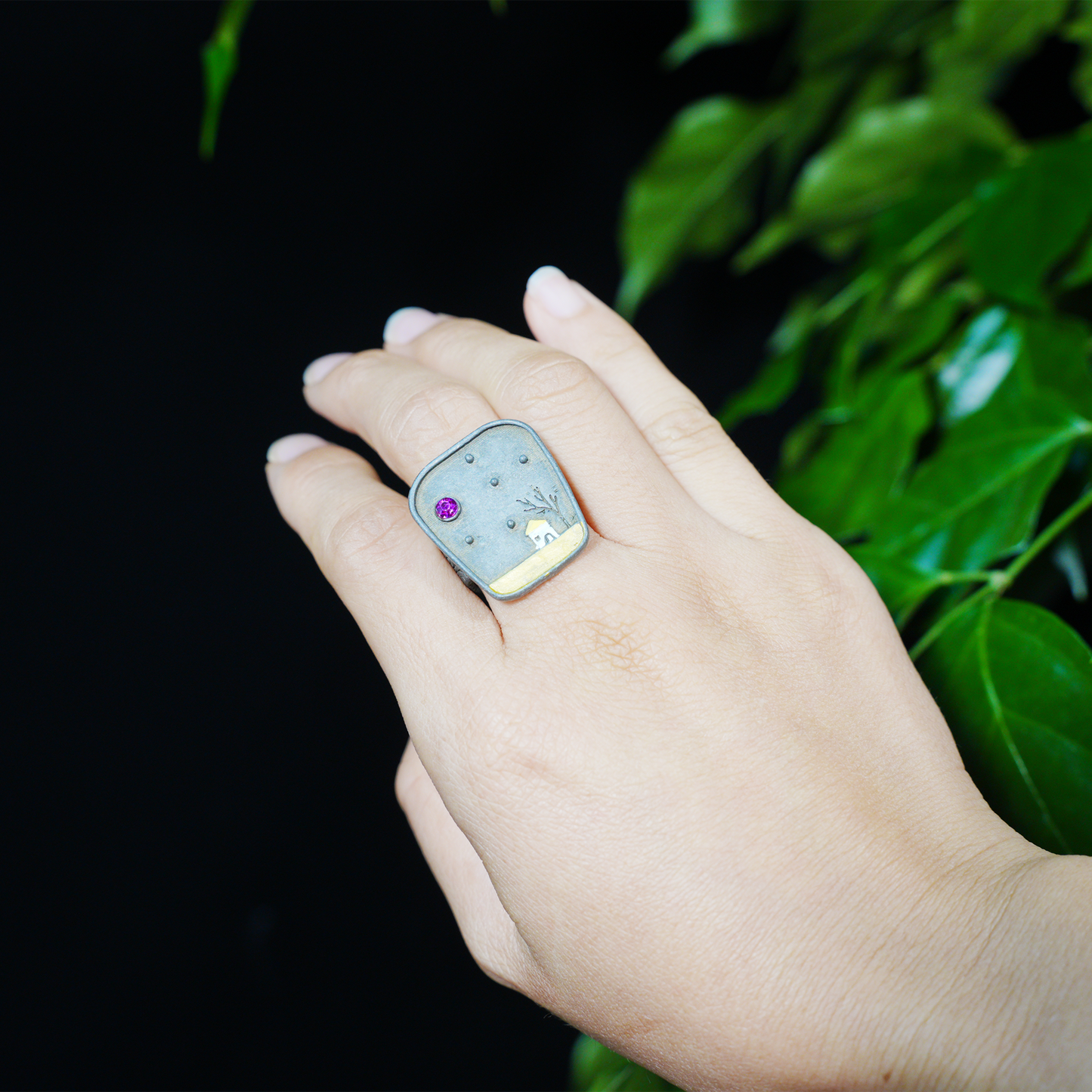 Night Cottage Scene Ring, Hand-Painted Landscape Jewelry, Artistic Statement Ring, Minimalist Healing Design