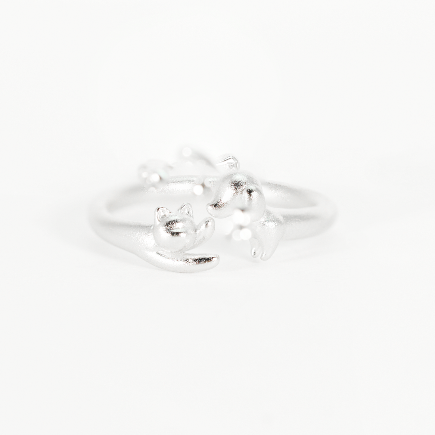 Kissing Cat & Dog Ring, Silver Minimalist Open Band, Cute Animal Couple Ring
