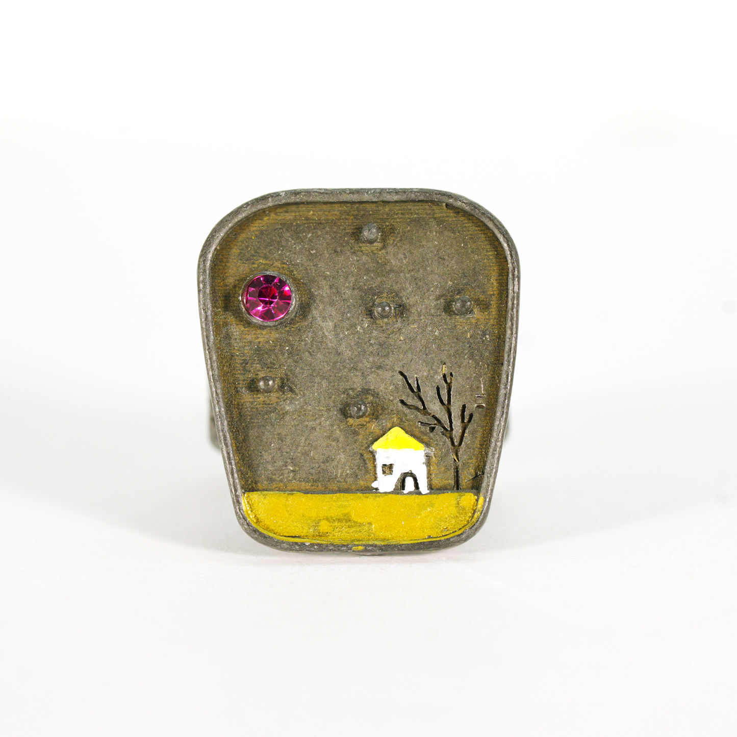 Night Cottage Scene Ring, Hand-Painted Landscape Jewelry, Artistic Statement Ring, Minimalist Healing Design