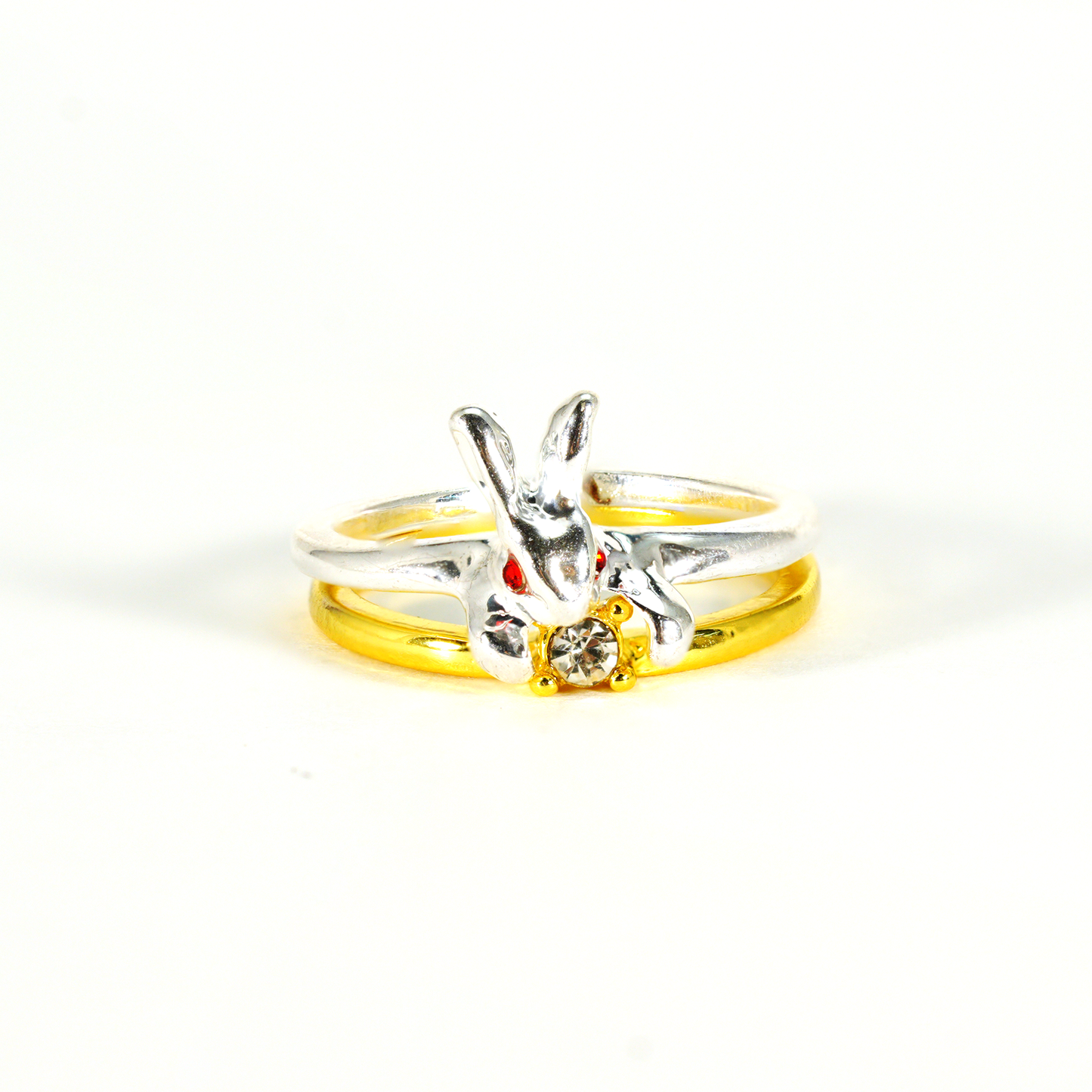 Kaninchen Kristall Umarmungsring, Süßer Hasenschmuck, Zweifarbiger Künstlerring, Fantasy Tier Design, Geschenk für Sie