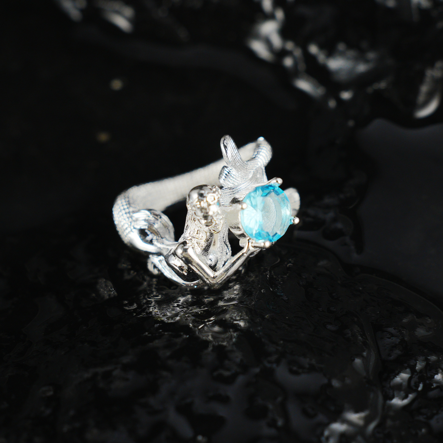 Mermaid Blue Gemstone Ring | Fantasy Ocean Style Handmade Statement Jewelry | Artistic Mermaid Design