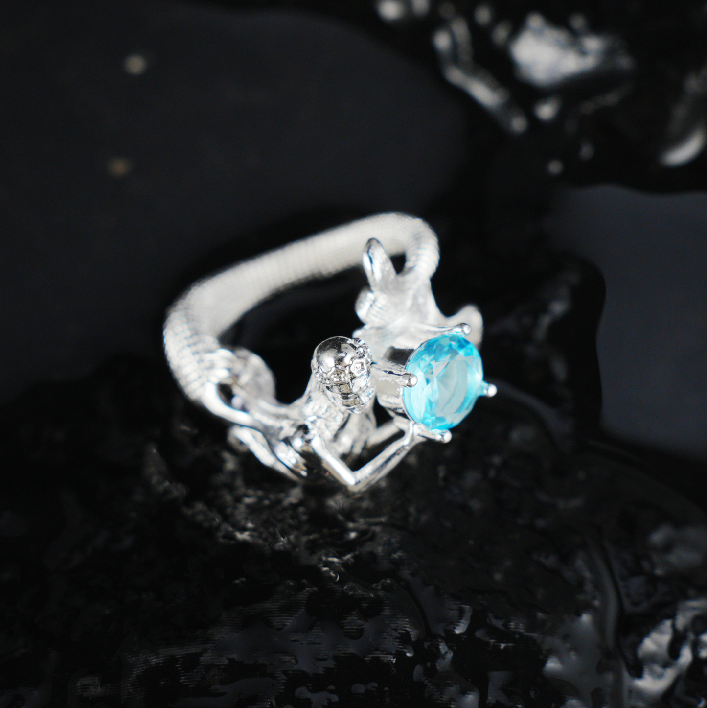 Mermaid Blue Gemstone Ring | Fantasy Ocean Style Handmade Statement Jewelry | Artistic Mermaid Design