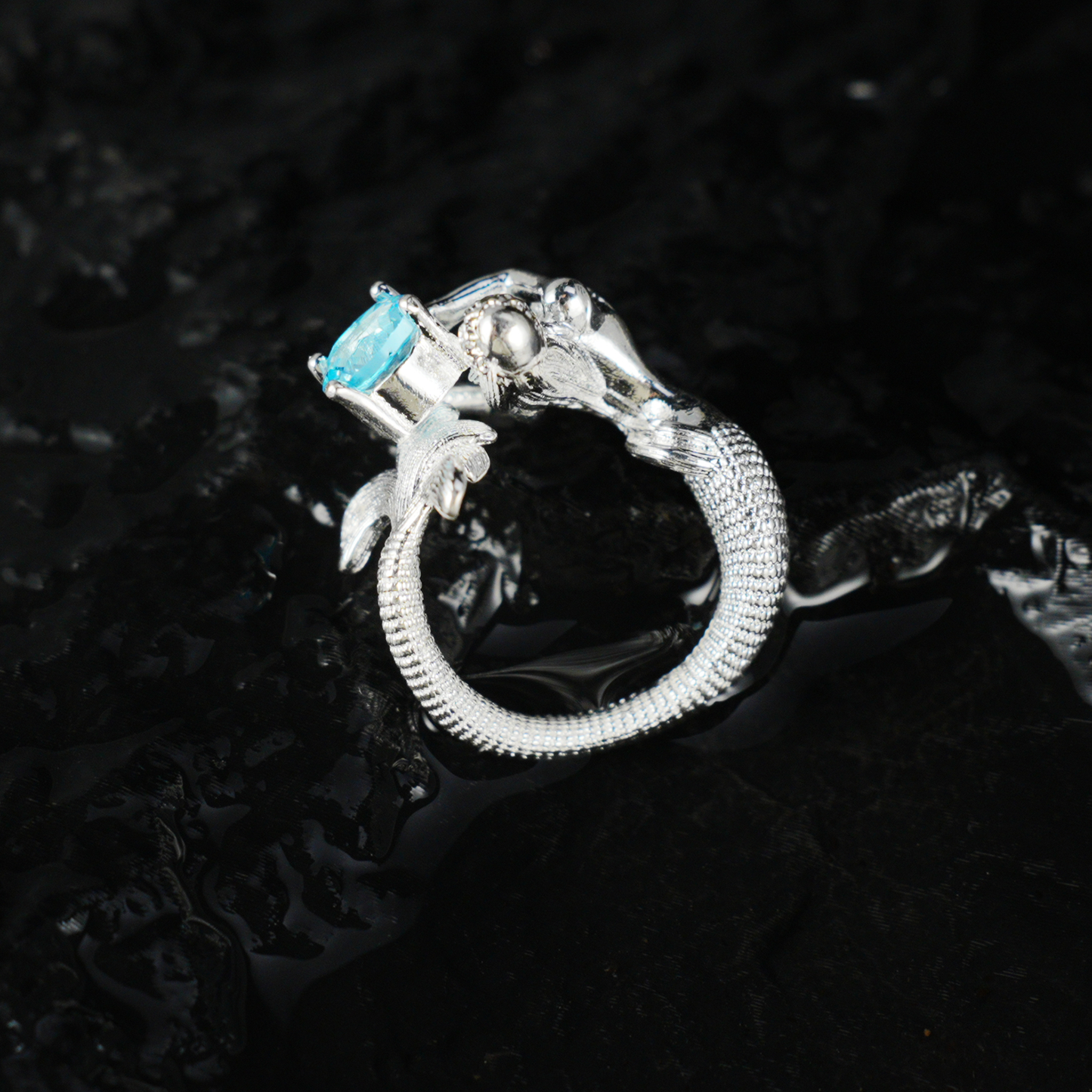 Mermaid Blue Gemstone Ring | Fantasy Ocean Style Handmade Statement Jewelry | Artistic Mermaid Design