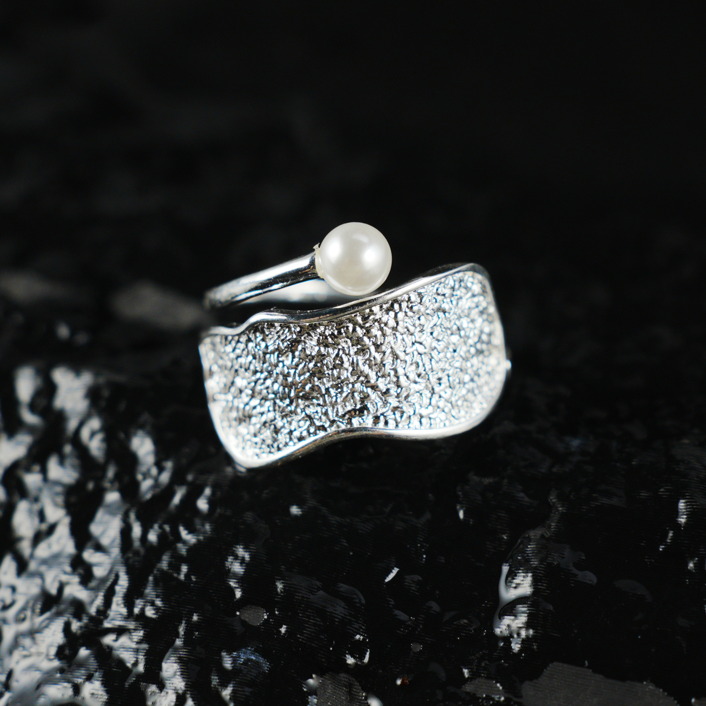 Silver Pearl Ring, Minimalist Hammered Texture Statement Band, Sculptural Modern Jewelry for Everyday Elegance