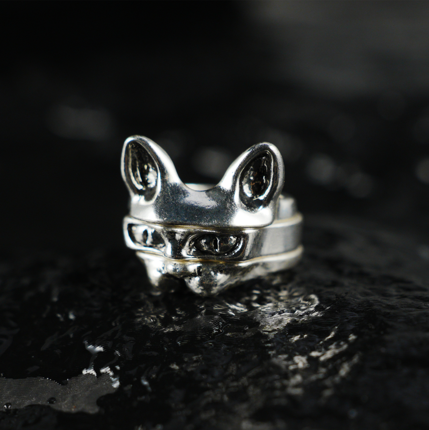 Cat Ring Set, 3 Stackable Cat Face Rings, Totem Animal Jewelry, Bold Gothic Style for Daily Wear & Statement Looks