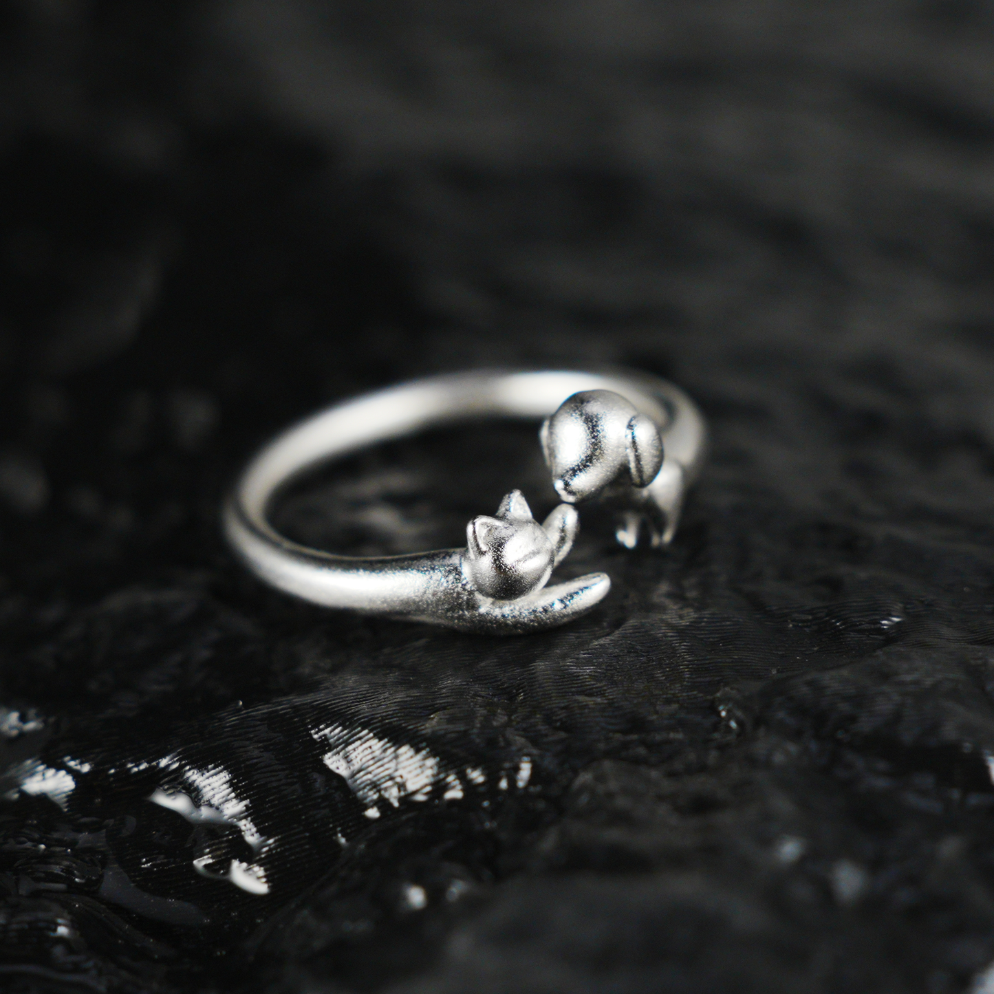 Kissing Cat & Dog Ring, Silver Minimalist Open Band, Cute Animal Couple Ring