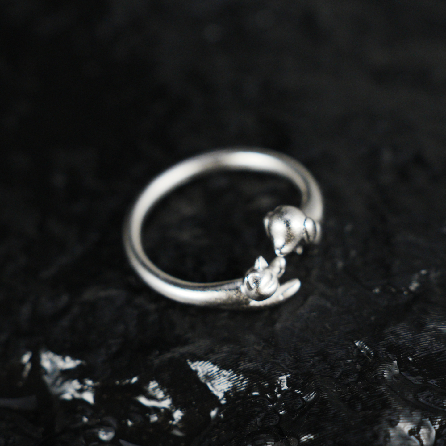 Kissing Cat & Dog Ring, Silver Minimalist Open Band, Cute Animal Couple Ring