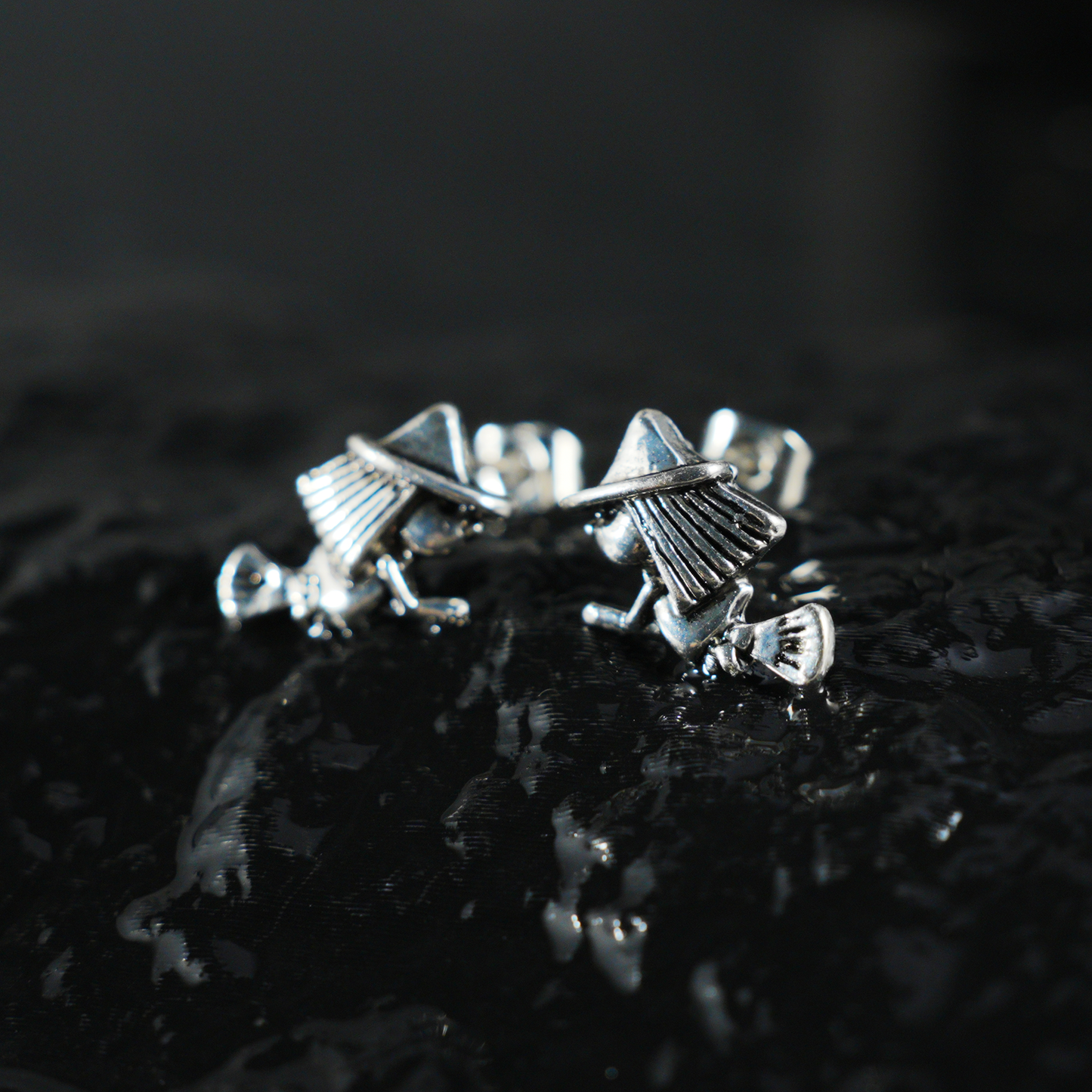 Witch on Broom Earrings, Handcrafted Fantasy Studs, Gothic Witch Jewelry for Halloween or Everyday Magic