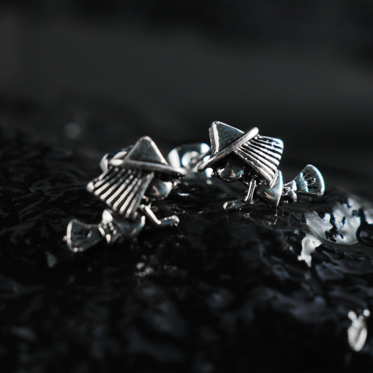 Witch on Broom Earrings, Handcrafted Fantasy Studs, Gothic Witch Jewelry for Halloween or Everyday Magic