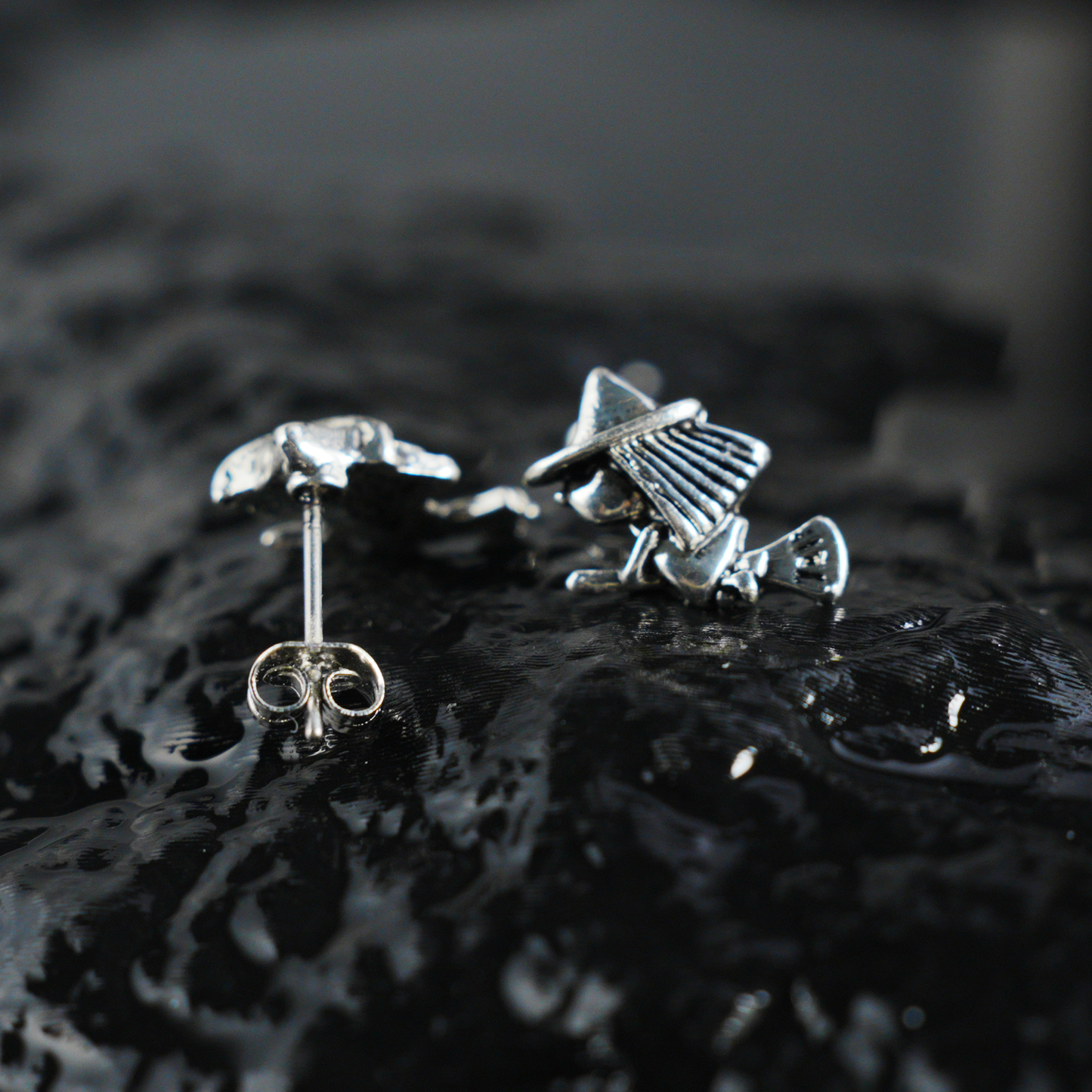 Witch on Broom Earrings, Handcrafted Fantasy Studs, Gothic Witch Jewelry for Halloween or Everyday Magic