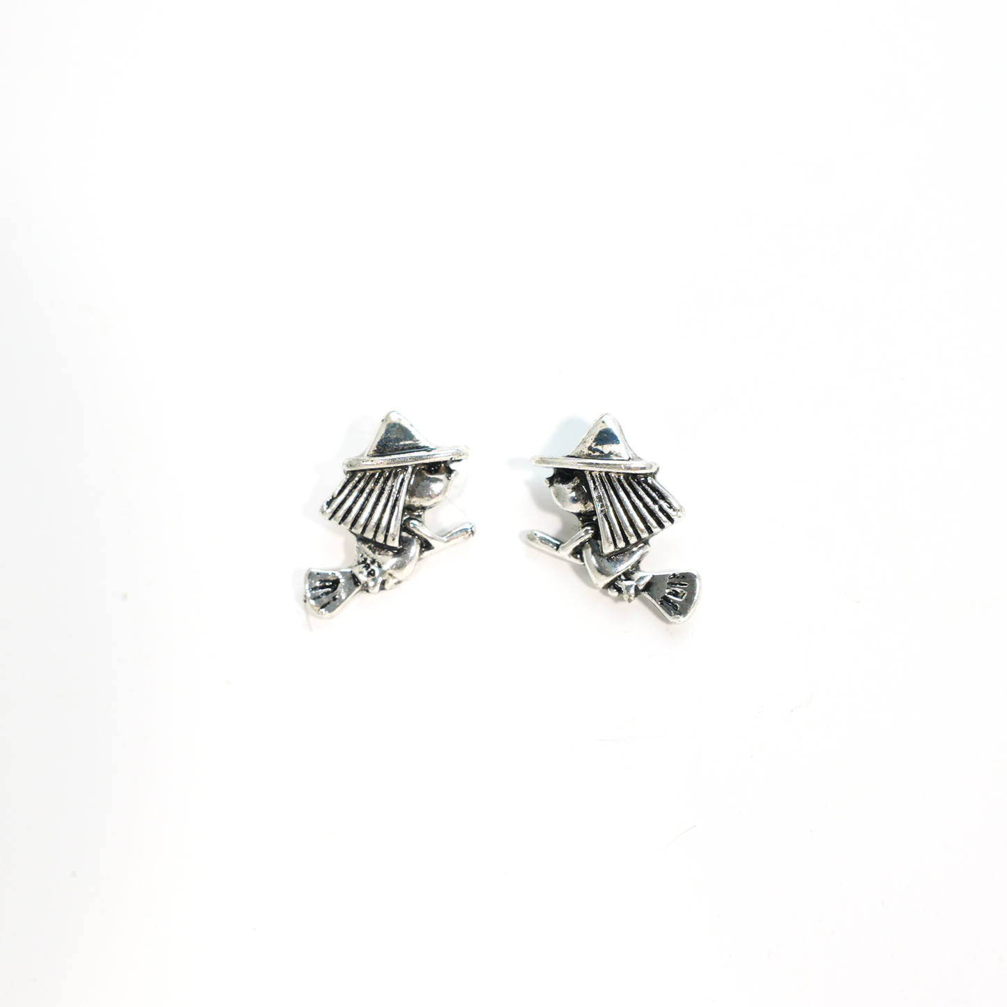 Witch on Broom Earrings, Handcrafted Fantasy Studs, Gothic Witch Jewelry for Halloween or Everyday Magic