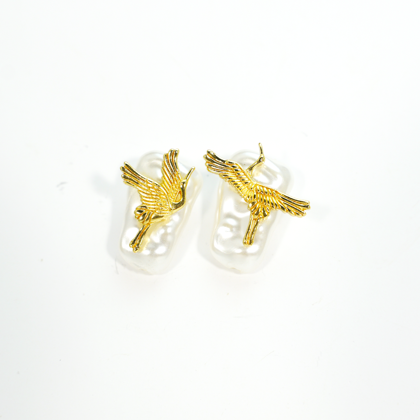 Elegant Crane Earrings with Baroque Pearls | Gold Bird Design | Asian-Inspired Lightweight Statement Jewelry