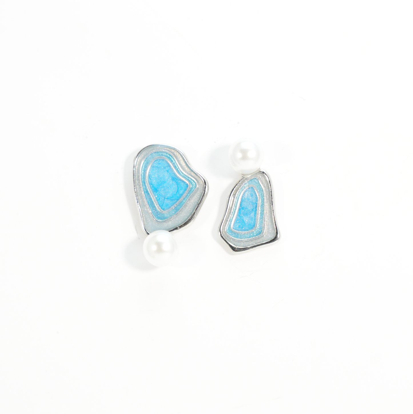 Irregular Blue Stud Earrings | Pearl Accent | Artistic Enamel Drop Earrings