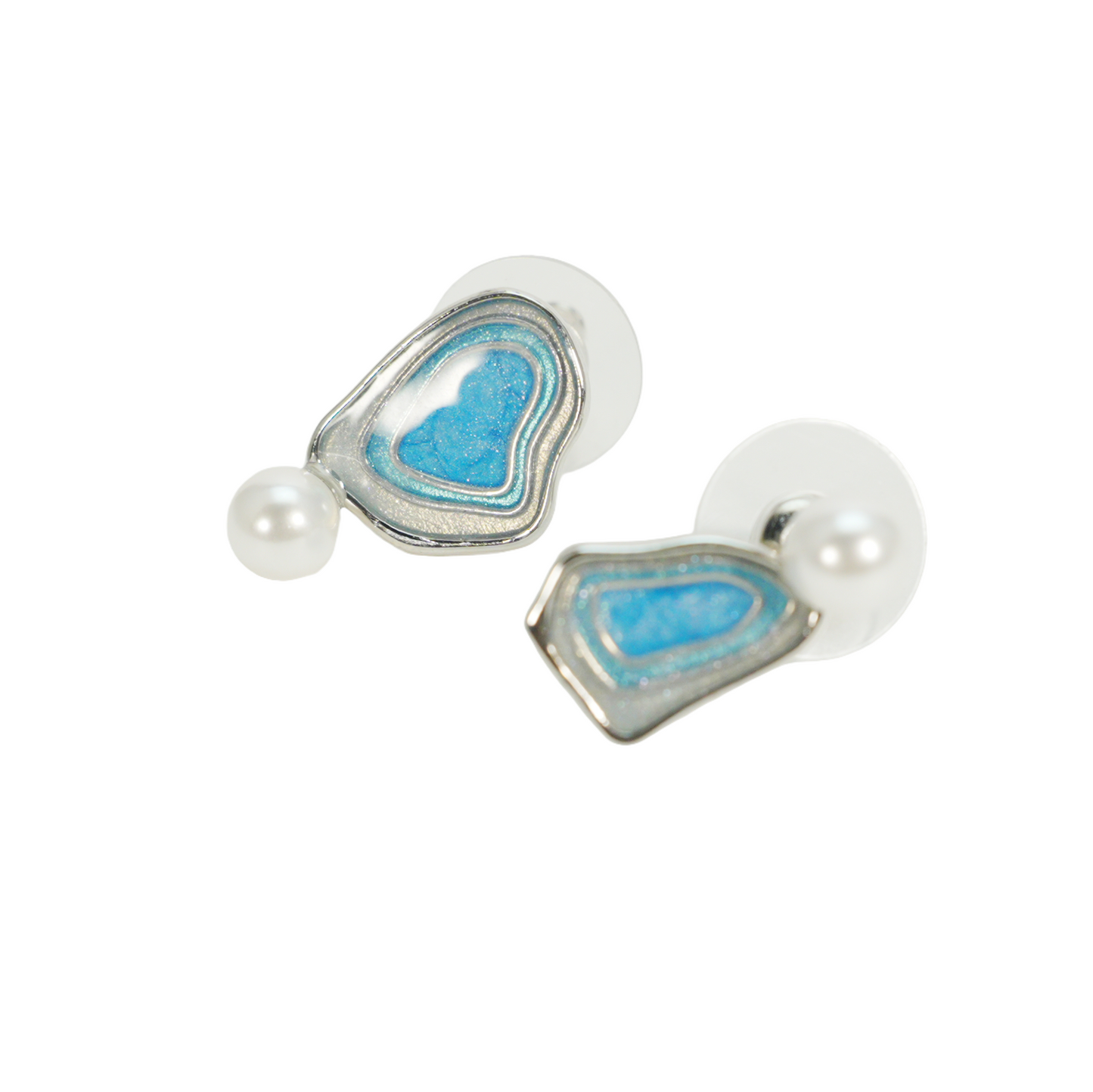Irregular Blue Stud Earrings | Pearl Accent | Artistic Enamel Drop Earrings