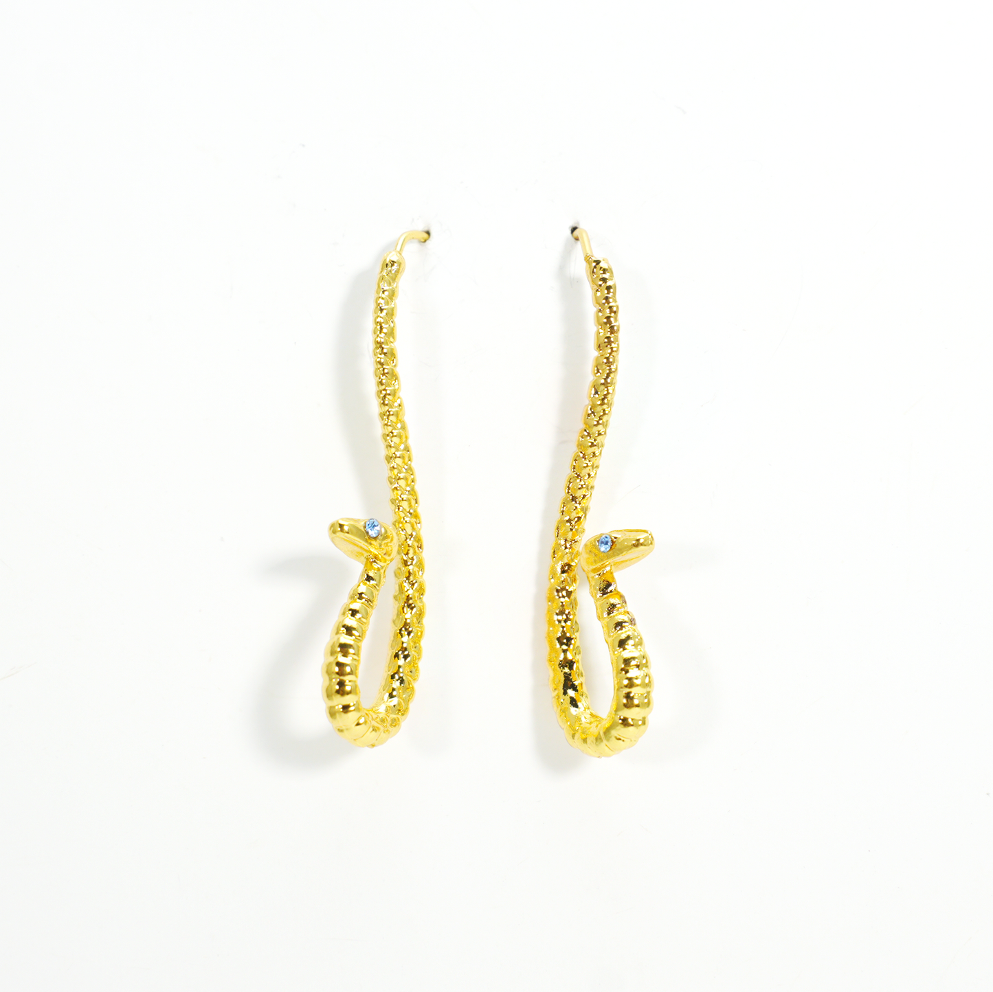 Golden Twin Serpent Earrings with Blue Eyes – Totem Inspired Hook Earrings, Mystical Snake Jewelry
