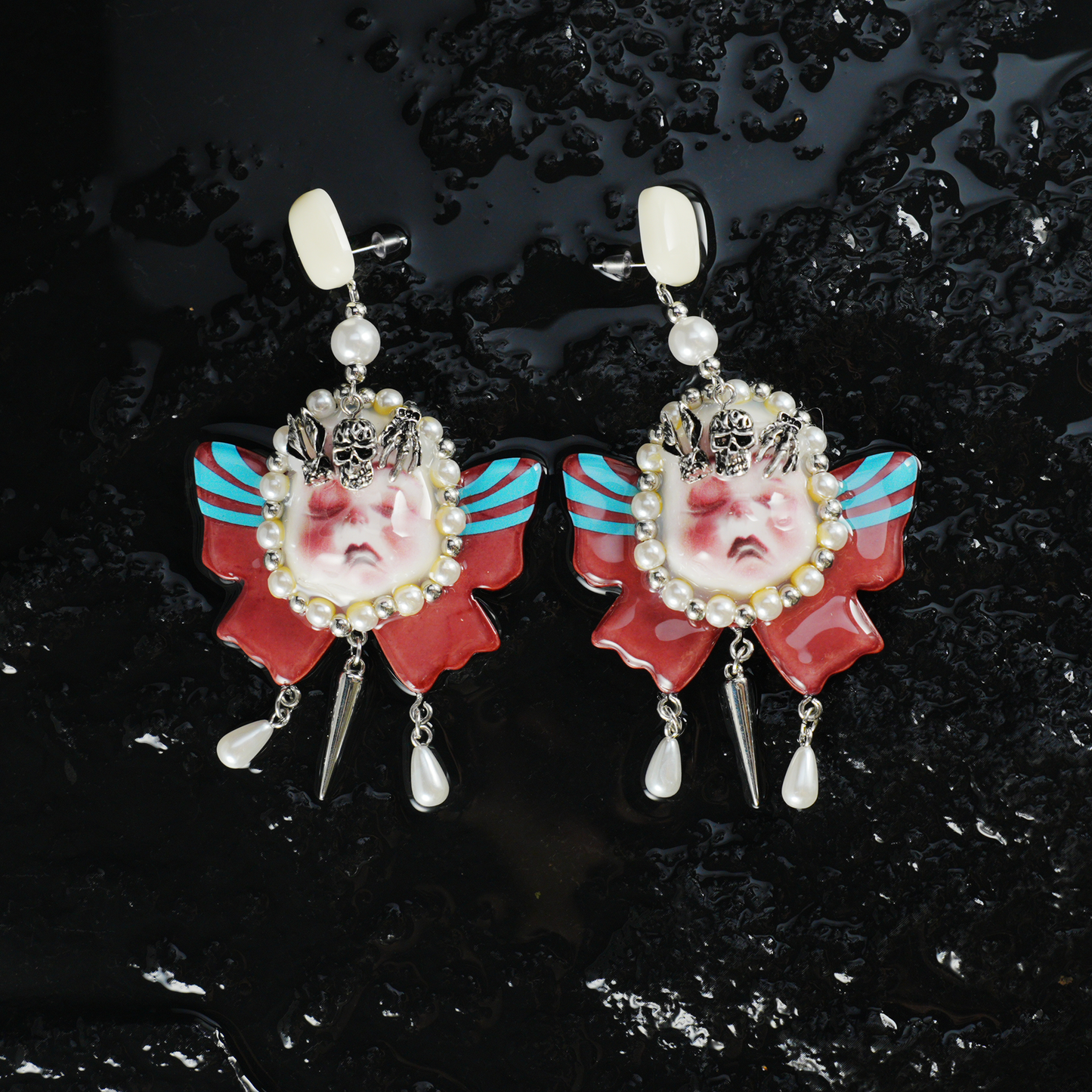 Gothic Crying Doll Earrings | Dark Rococo Bow Statement Jewelry | Emotional Artistic Gift for Alternative Fashion Lovers