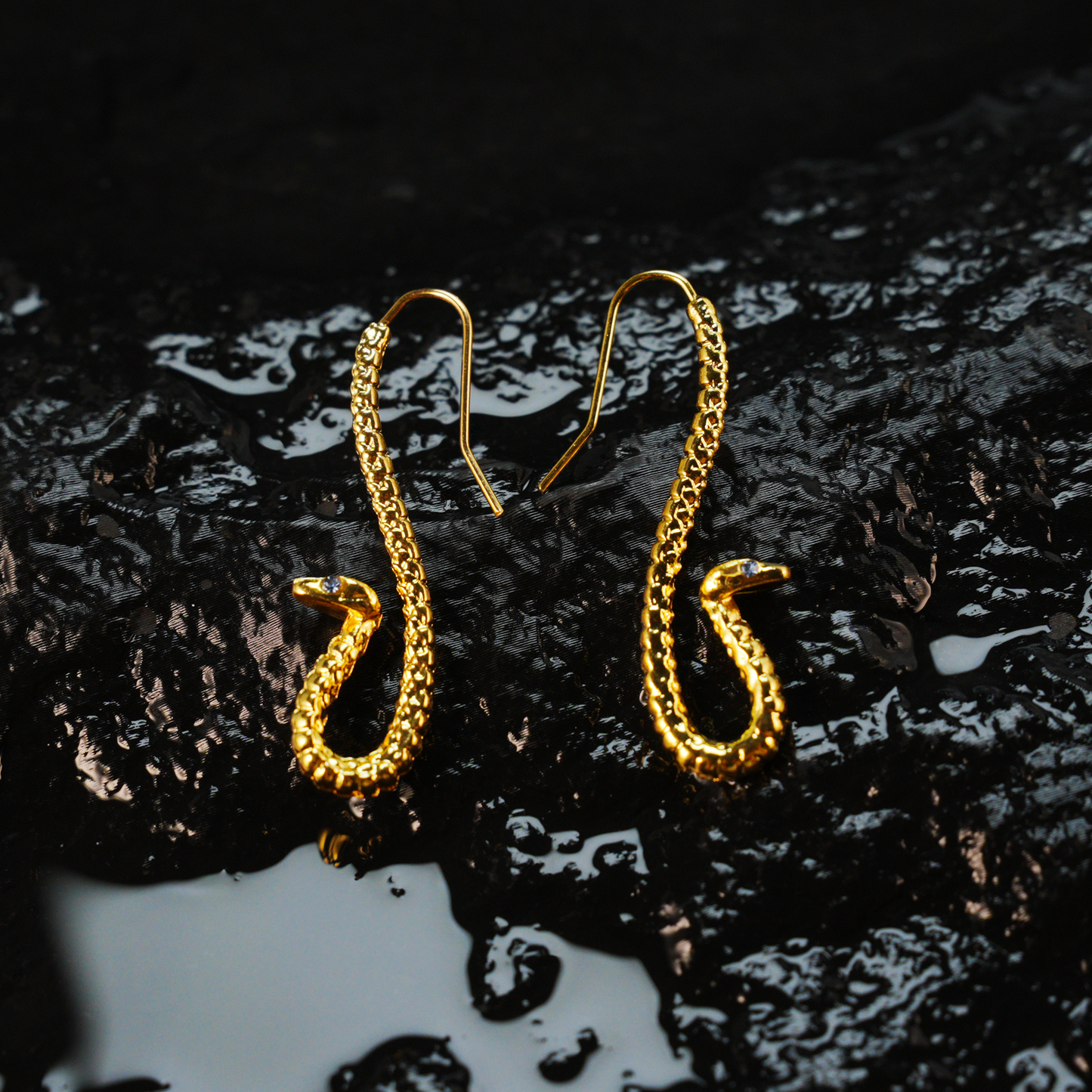Golden Twin Serpent Earrings with Blue Eyes – Totem Inspired Hook Earrings, Mystical Snake Jewelry