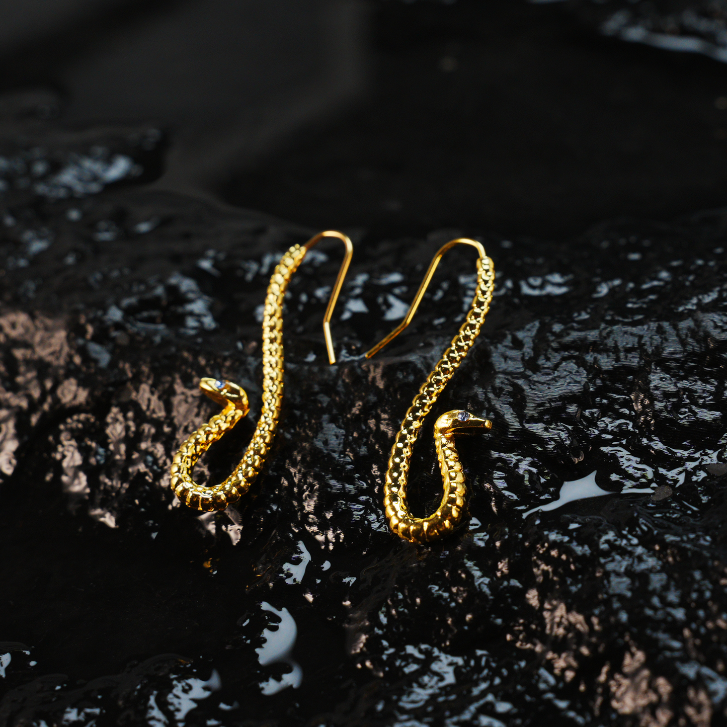 Golden Twin Serpent Earrings with Blue Eyes – Totem Inspired Hook Earrings, Mystical Snake Jewelry