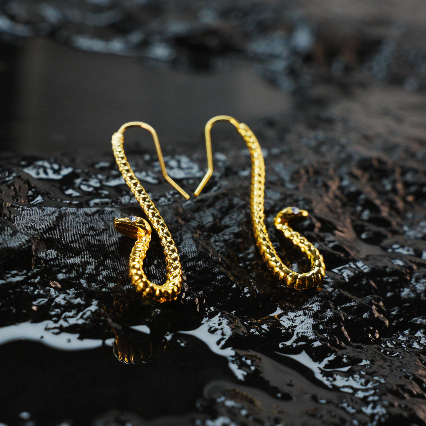 Golden Twin Serpent Earrings with Blue Eyes – Totem Inspired Hook Earrings, Mystical Snake Jewelry