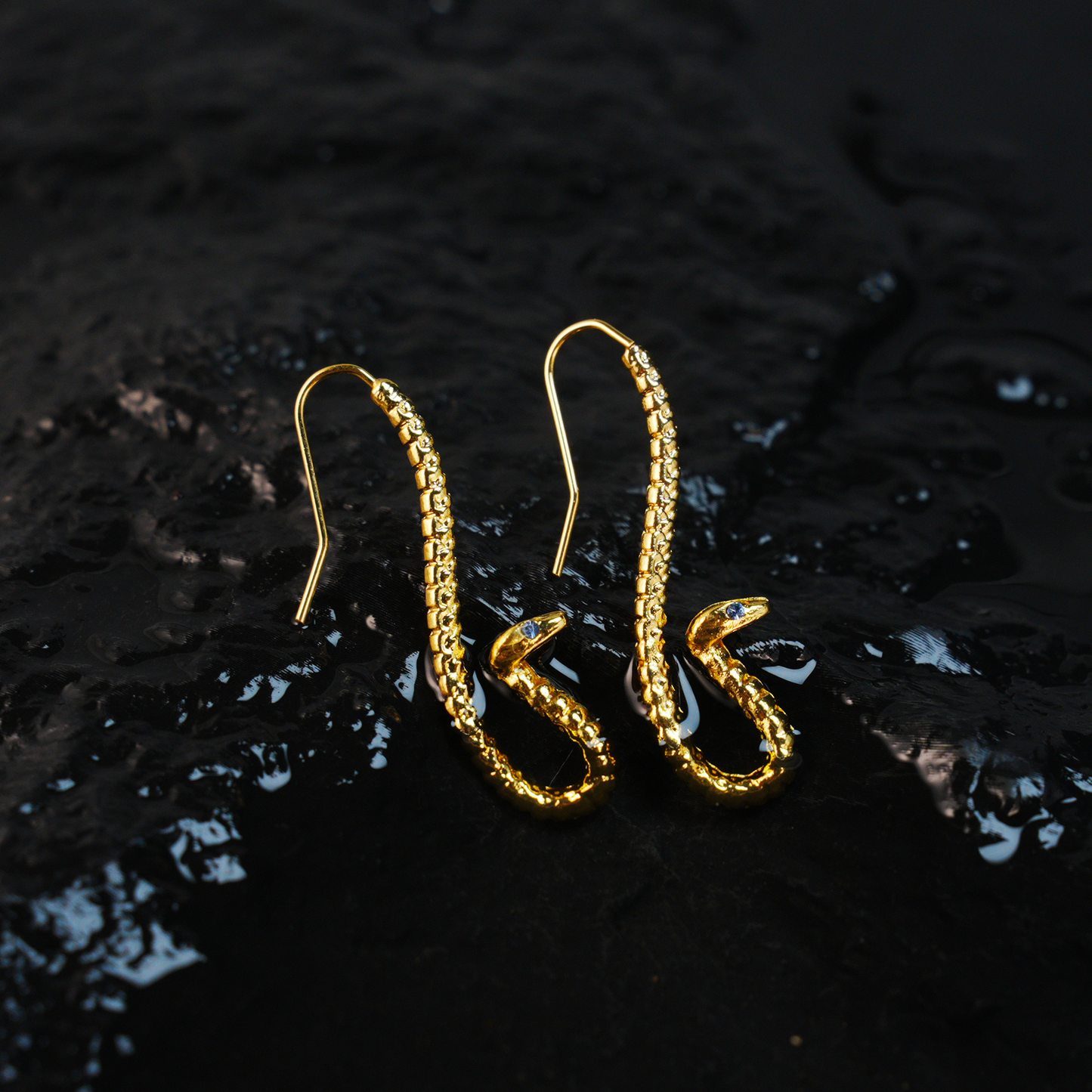 Golden Twin Serpent Earrings with Blue Eyes – Totem Inspired Hook Earrings, Mystical Snake Jewelry