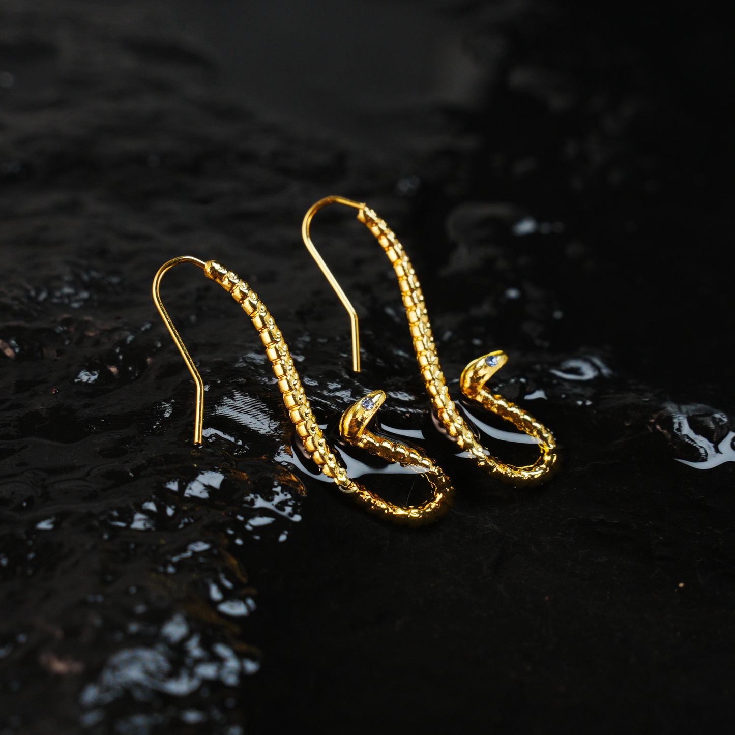 Golden Twin Serpent Earrings with Blue Eyes – Totem Inspired Hook Earrings, Mystical Snake Jewelry