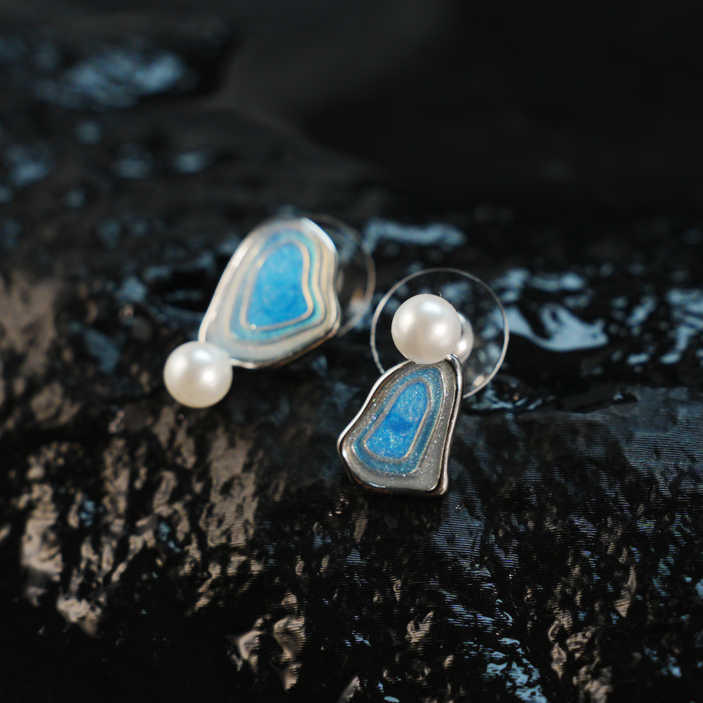 Irregular Blue Stud Earrings | Pearl Accent | Artistic Enamel Drop Earrings