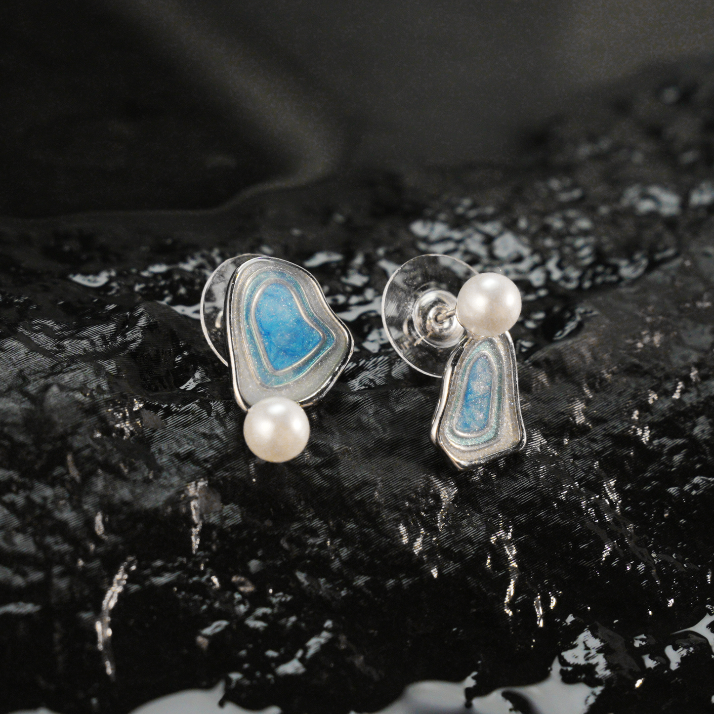Irregular Blue Stud Earrings | Pearl Accent | Artistic Enamel Drop Earrings