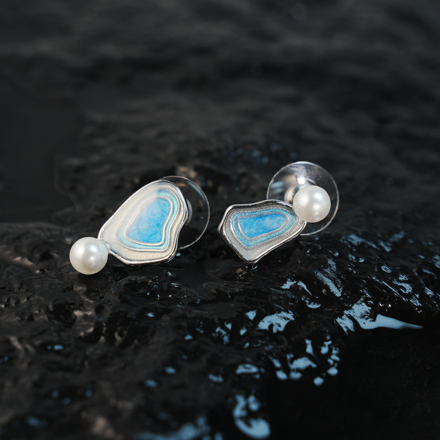 Irregular Blue Stud Earrings | Pearl Accent | Artistic Enamel Drop Earrings