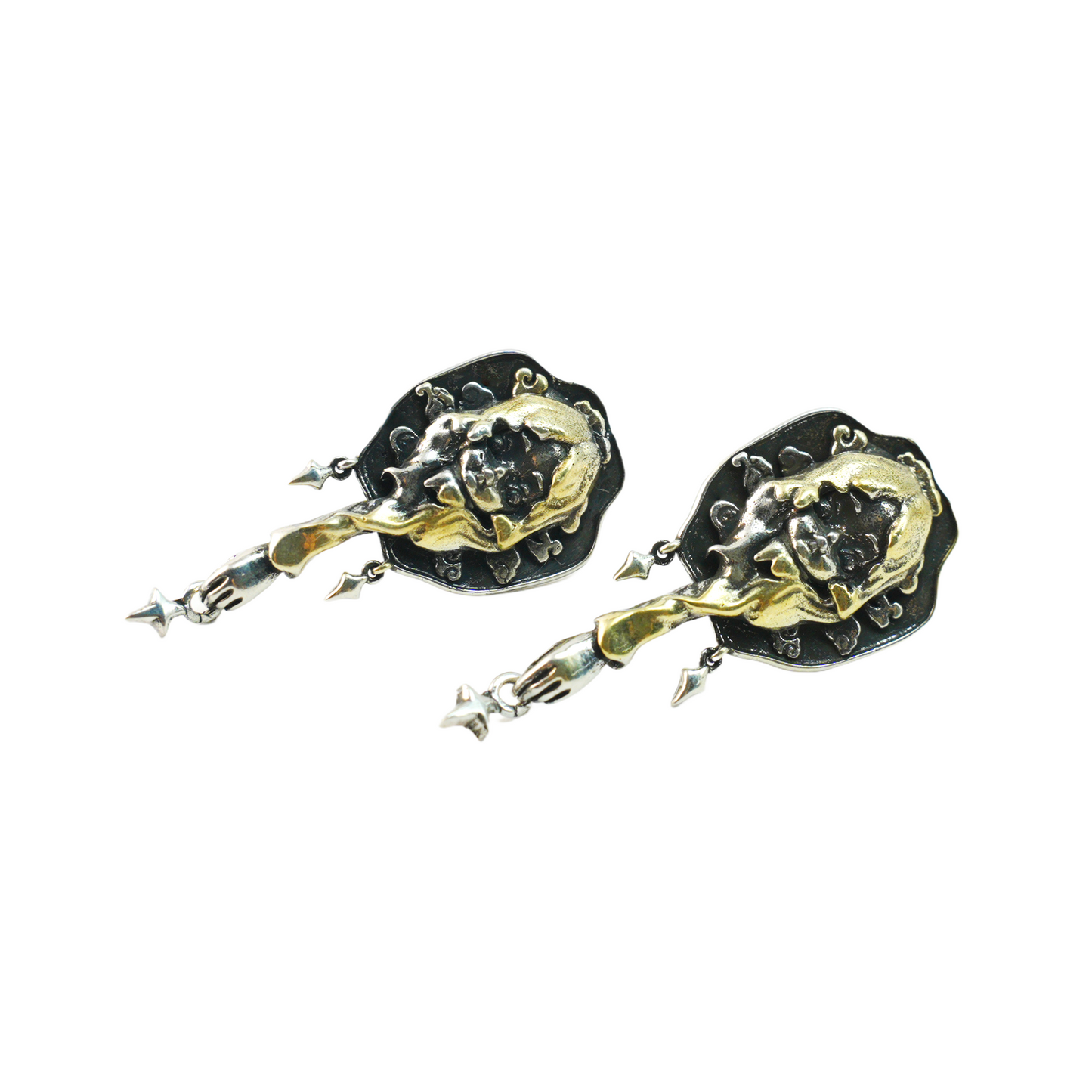 Braided Girl Earrings, Vintage Fantasy Studs with Star Dangles, Art Relief Jewelry