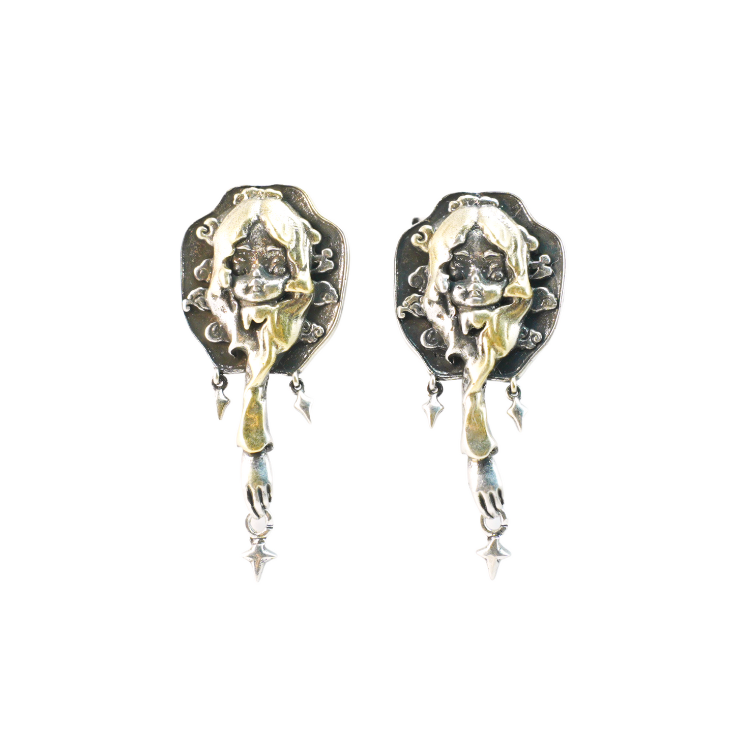 Braided Girl Earrings, Vintage Fantasy Studs with Star Dangles, Art Relief Jewelry