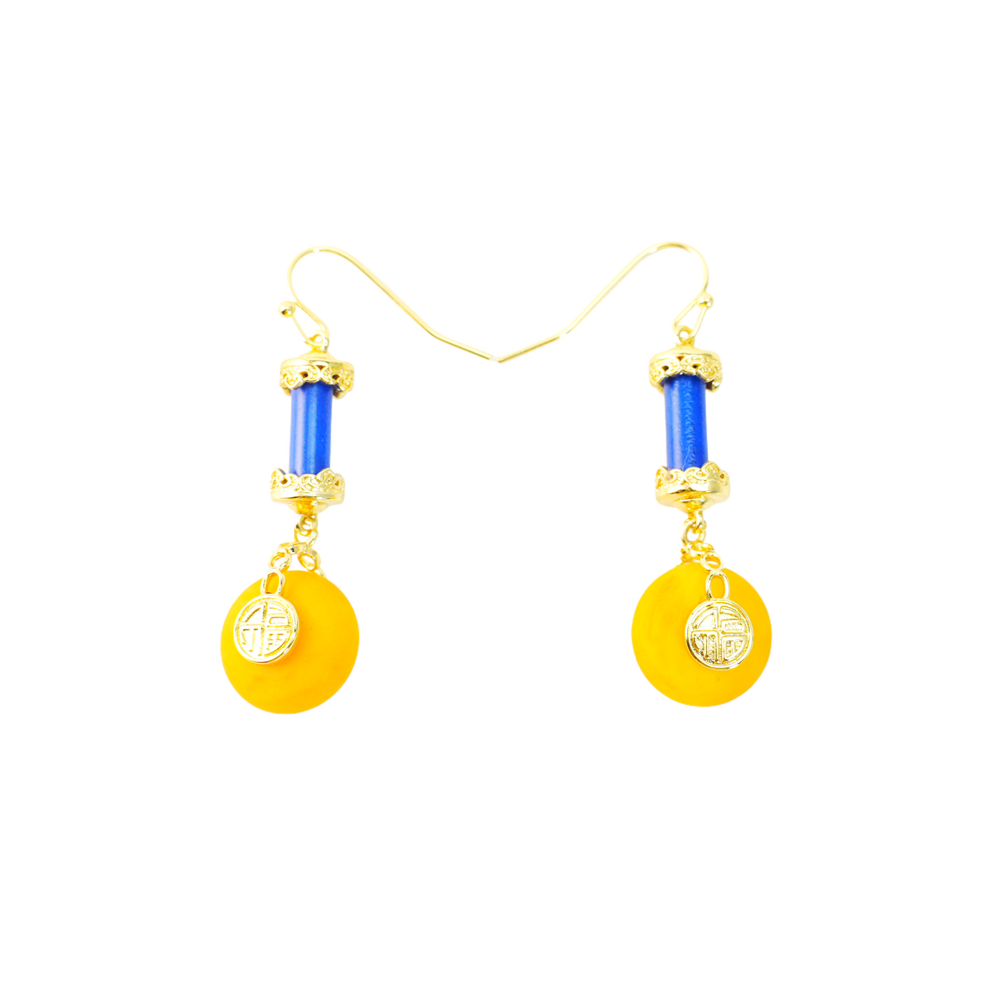 Oriental Vintage Dangle Earrings with Amber & Lapis Lazuli|Lucky Coin Charm Design|Symbolic Amulet Jewelry