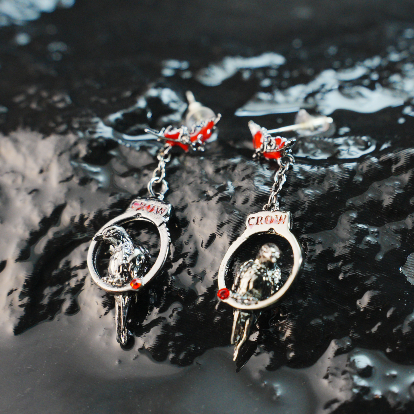 Gothic Raven Drop Earrings with Red Feather Accents | Dark Aesthetic Crow Jewelry | Unique Gift for Gothic and Alternative Fashion Lovers
