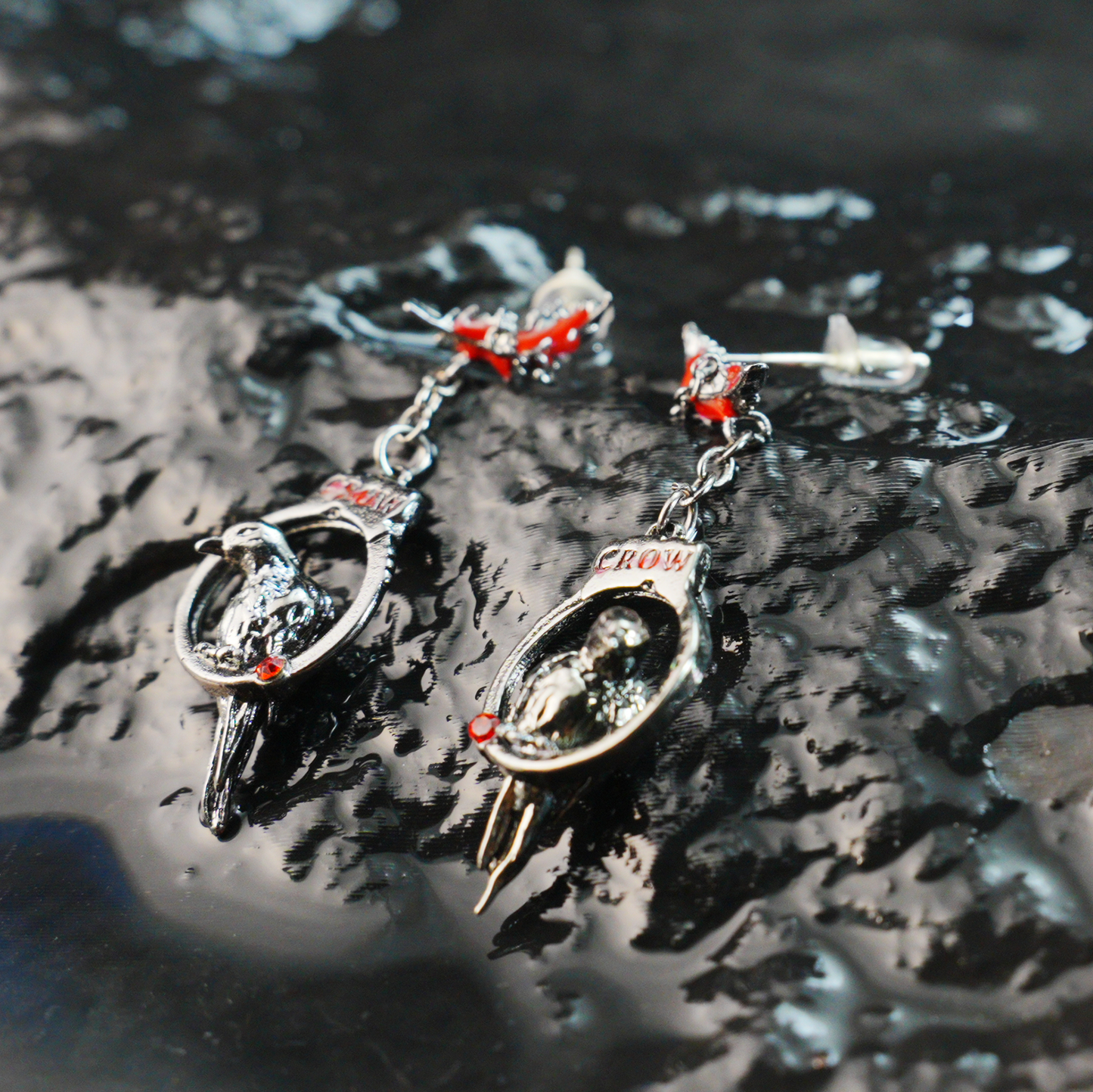Gothic Raven Drop Earrings with Red Feather Accents | Dark Aesthetic Crow Jewelry | Unique Gift for Gothic and Alternative Fashion Lovers