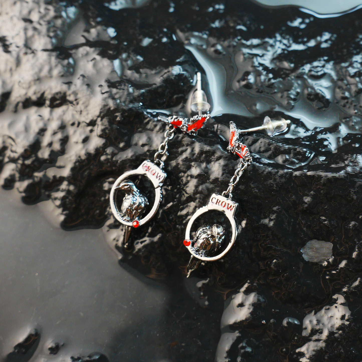 Gothic Raven Drop Earrings with Red Feather Accents | Dark Aesthetic Crow Jewelry | Unique Gift for Gothic and Alternative Fashion Lovers