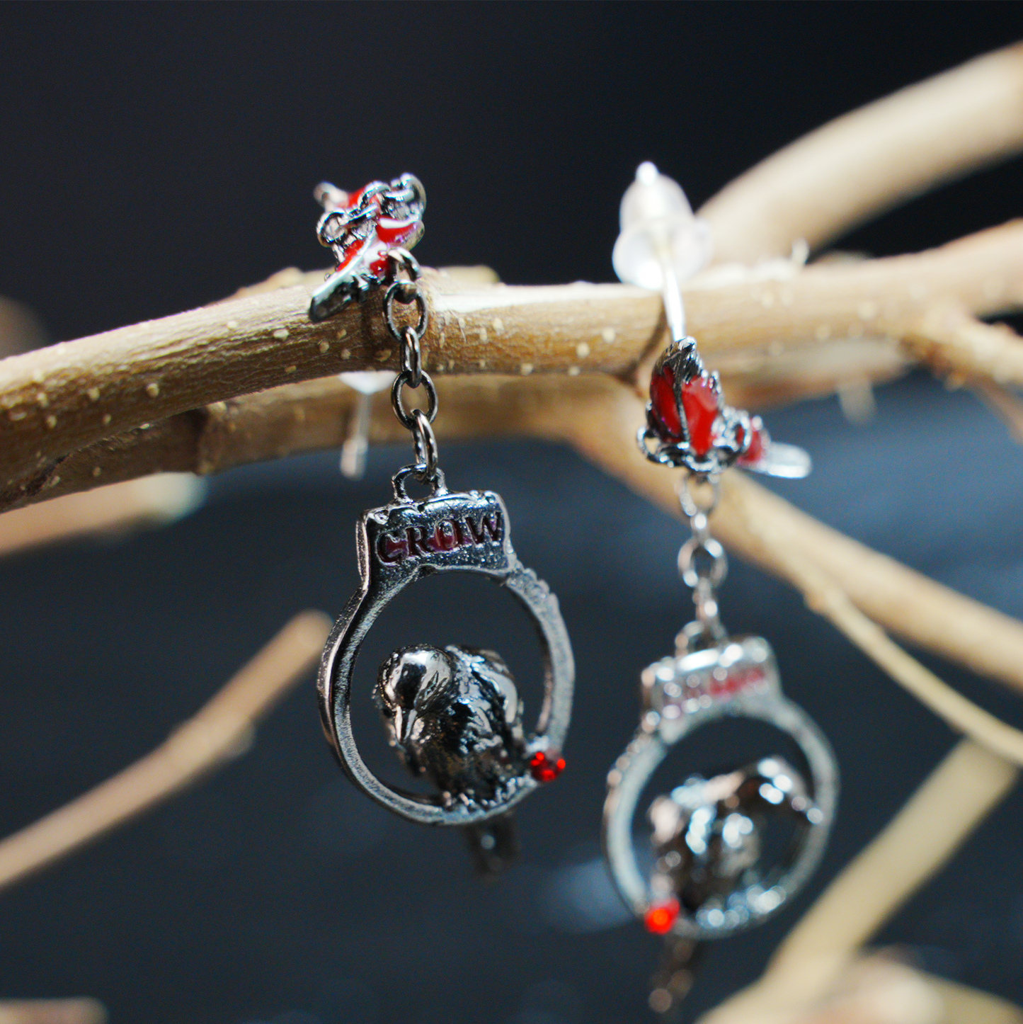 Gothic Raven Drop Earrings with Red Feather Accents | Dark Aesthetic Crow Jewelry | Unique Gift for Gothic and Alternative Fashion Lovers