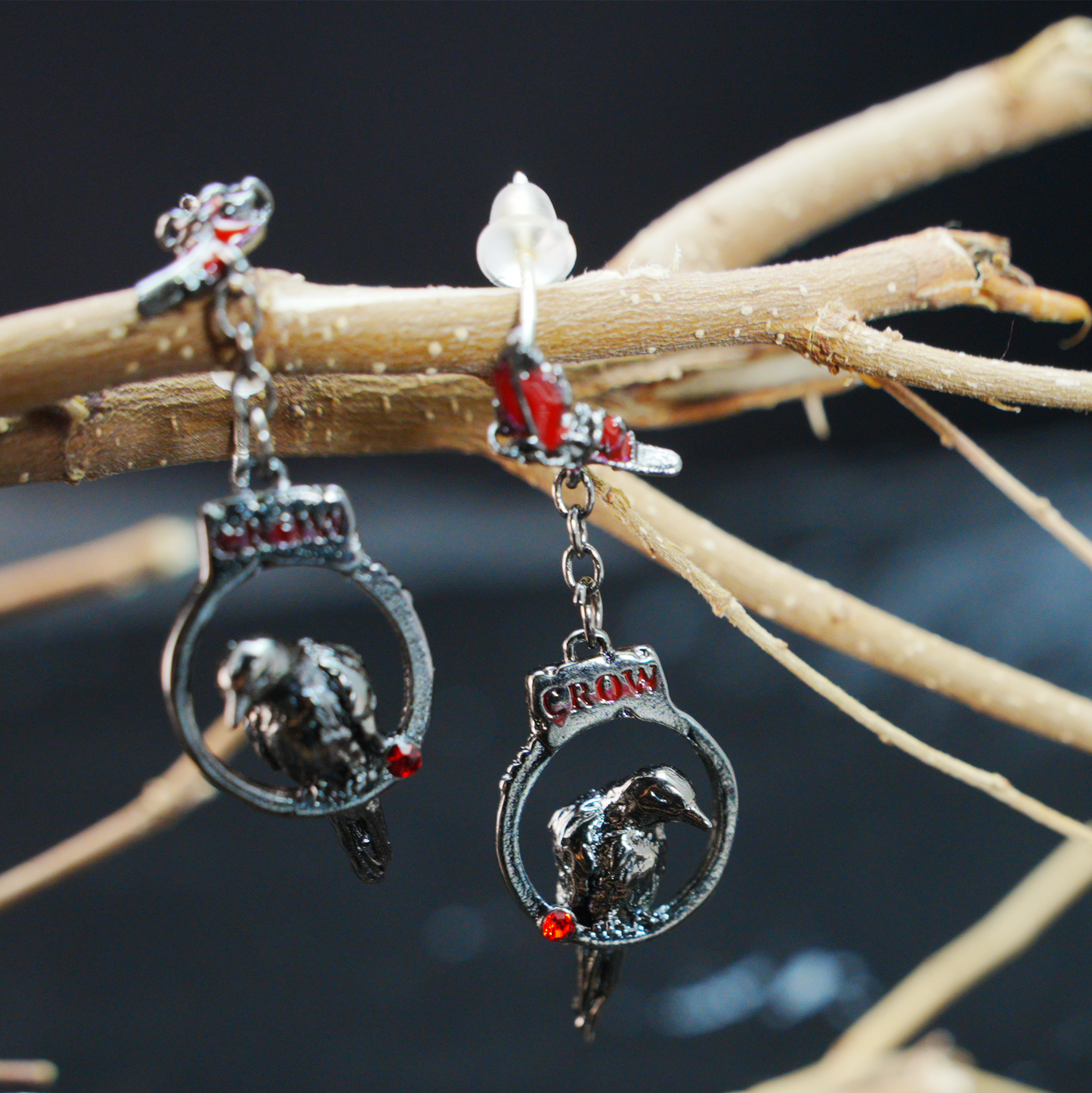 Gothic Raven Drop Earrings with Red Feather Accents | Dark Aesthetic Crow Jewelry | Unique Gift for Gothic and Alternative Fashion Lovers