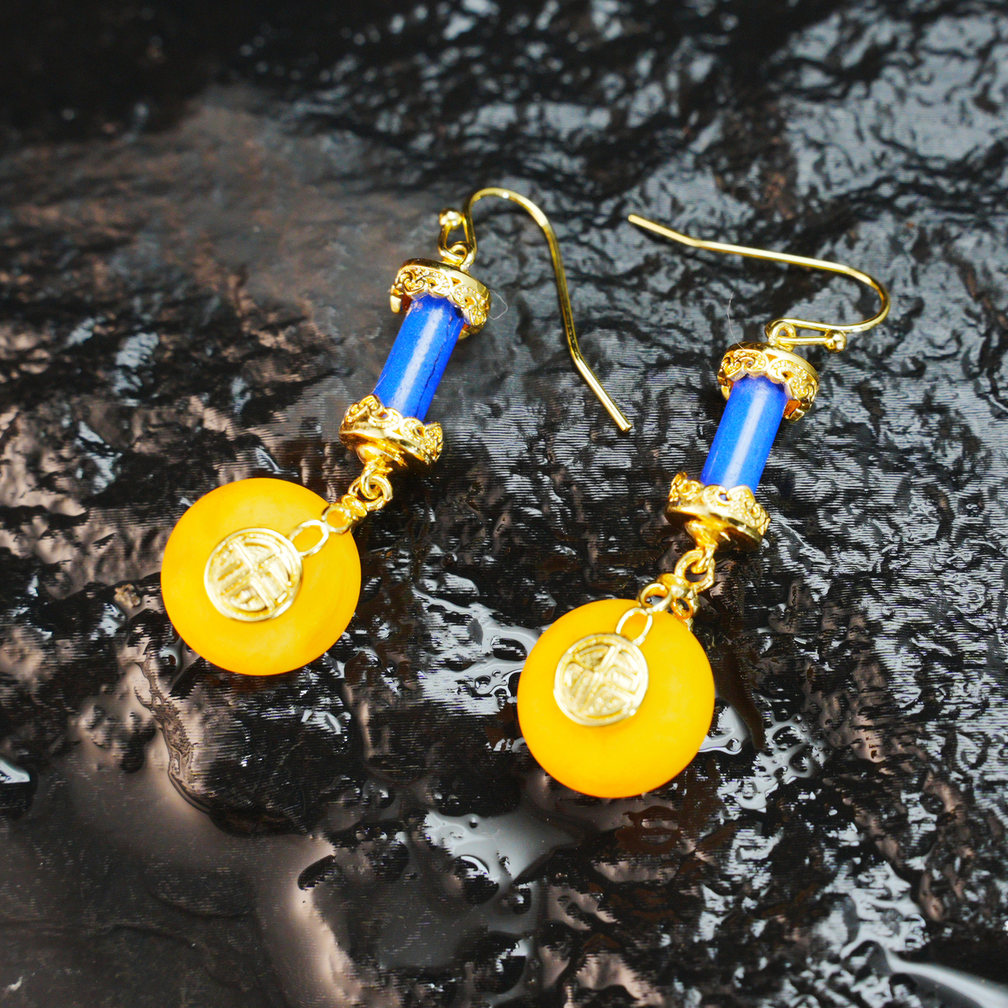 Oriental Vintage Dangle Earrings with Amber & Lapis Lazuli|Lucky Coin Charm Design|Symbolic Amulet Jewelry