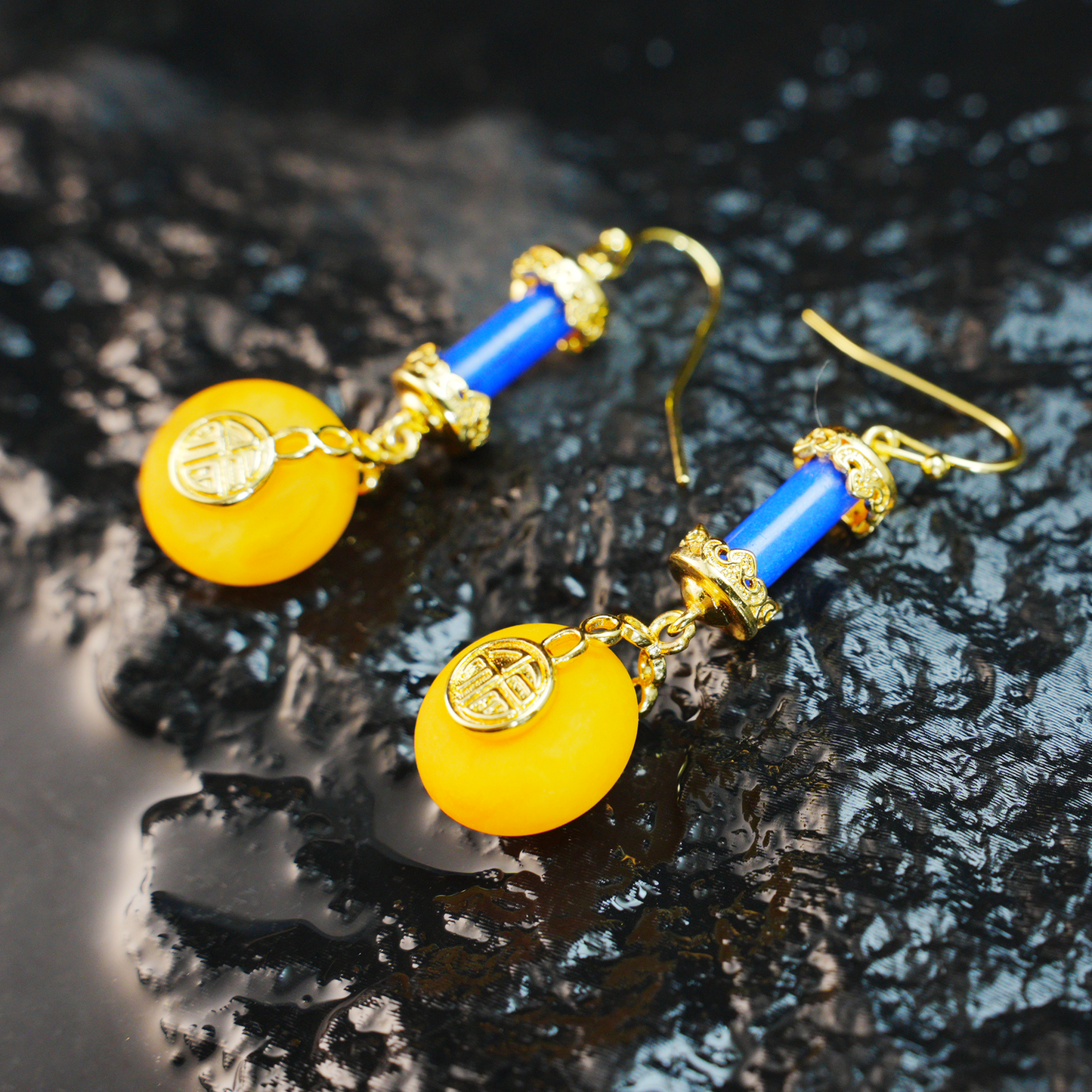 Oriental Vintage Dangle Earrings with Amber & Lapis Lazuli|Lucky Coin Charm Design|Symbolic Amulet Jewelry