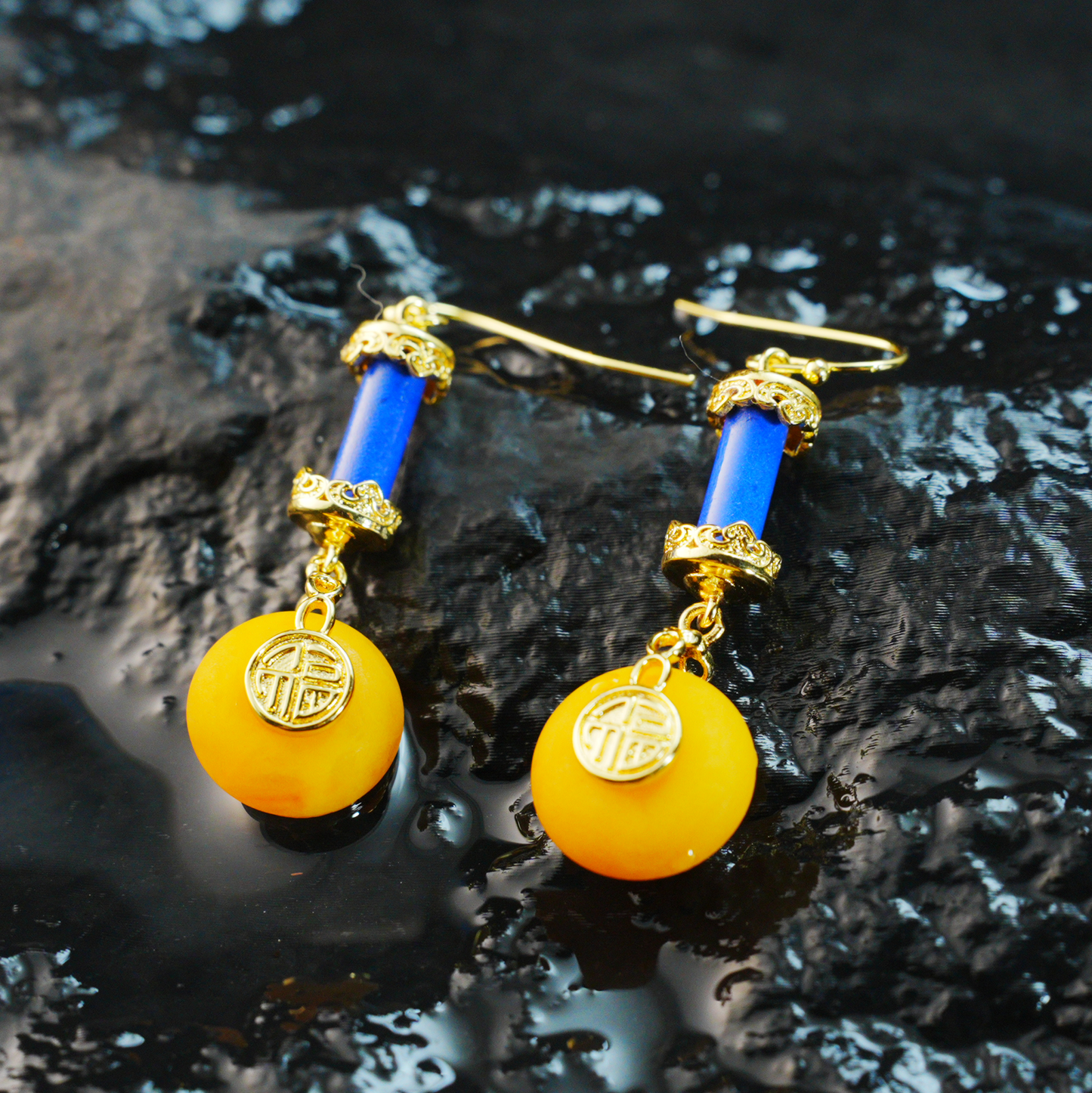 Oriental Vintage Dangle Earrings with Amber & Lapis Lazuli|Lucky Coin Charm Design|Symbolic Amulet Jewelry